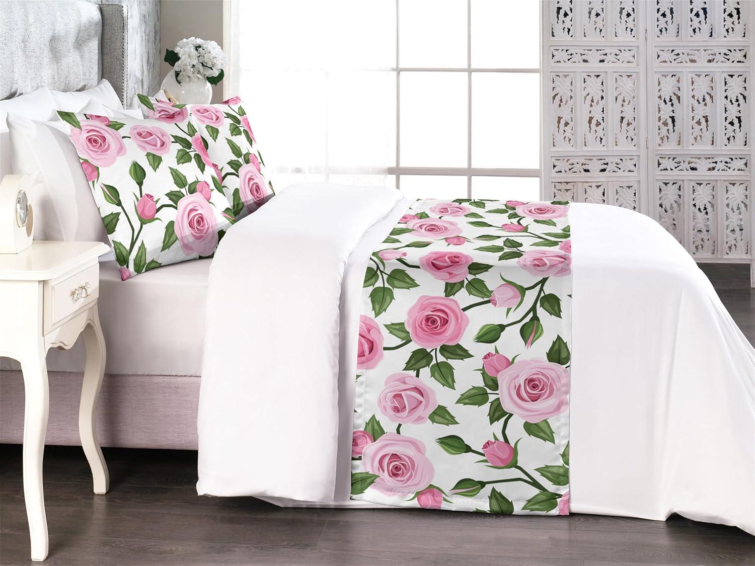 imageAmbesonne Floral Bed Runner Set Valentines Day Concept Art Pastel Repetitive Roses Pattern Plot Decorative Bedding Scarf and a Pillow Sham for Hotels Homes Twin Dark Pink Blush and WhitePastel Pink Olive Green