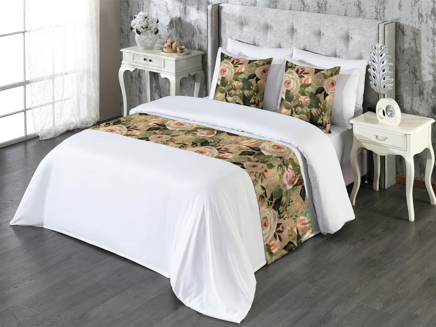 imageAmbesonne Floral Bed Runner Set Valentines Day Concept Art Pastel Repetitive Roses Pattern Plot Decorative Bedding Scarf and a Pillow Sham for Hotels Homes Twin Dark Pink Blush and WhitePale Rose Laurel Green