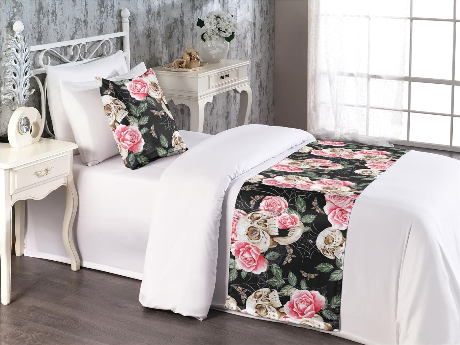 imageAmbesonne Floral Bed Runner Set Valentines Day Concept Art Pastel Repetitive Roses Pattern Plot Decorative Bedding Scarf and a Pillow Sham for Hotels Homes Twin Dark Pink Blush and WhitePink Laurel Green and Black