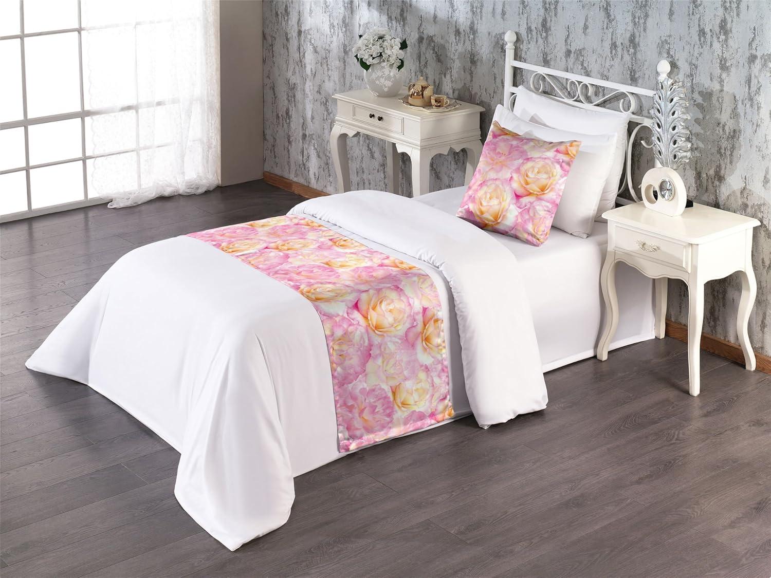 imageAmbesonne Floral Bed Runner Set Valentines Day Concept Art Pastel Repetitive Roses Pattern Plot Decorative Bedding Scarf and a Pillow Sham for Hotels Homes Twin Dark Pink Blush and WhitePastel Pink and Pale Fuchsia