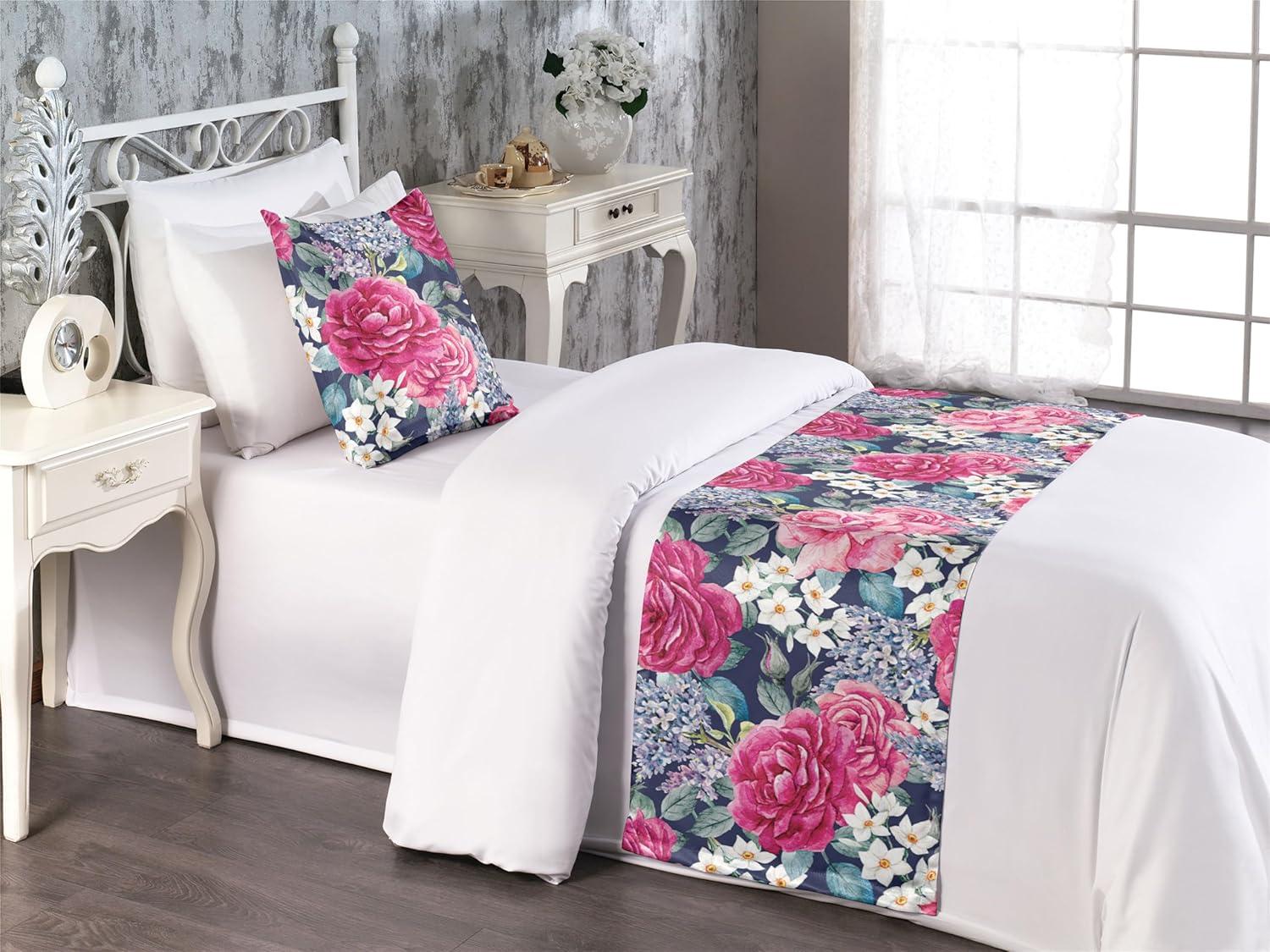 imageAmbesonne Floral Bed Runner Set Valentines Day Concept Art Pastel Repetitive Roses Pattern Plot Decorative Bedding Scarf and a Pillow Sham for Hotels Homes Twin Dark Pink Blush and WhiteRaspberry Laurel Green