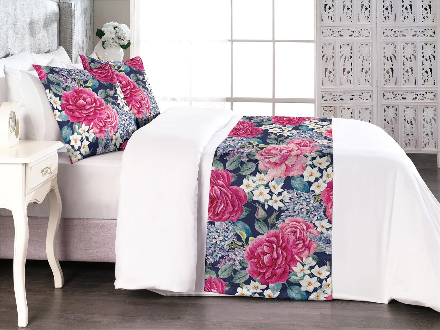 imageAmbesonne Floral Bed Runner Set Valentines Day Concept Art Pastel Repetitive Roses Pattern Plot Decorative Bedding Scarf and a Pillow Sham for Hotels Homes Twin Dark Pink Blush and WhiteRaspberry Laurel Green