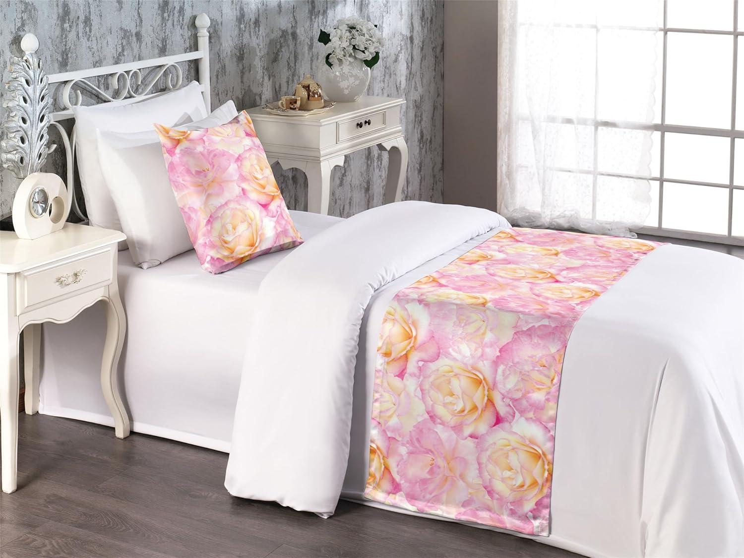 imageAmbesonne Floral Bed Runner Set Valentines Day Concept Art Pastel Repetitive Roses Pattern Plot Decorative Bedding Scarf and a Pillow Sham for Hotels Homes Twin Dark Pink Blush and WhitePastel Pink and Pale Fuchsia