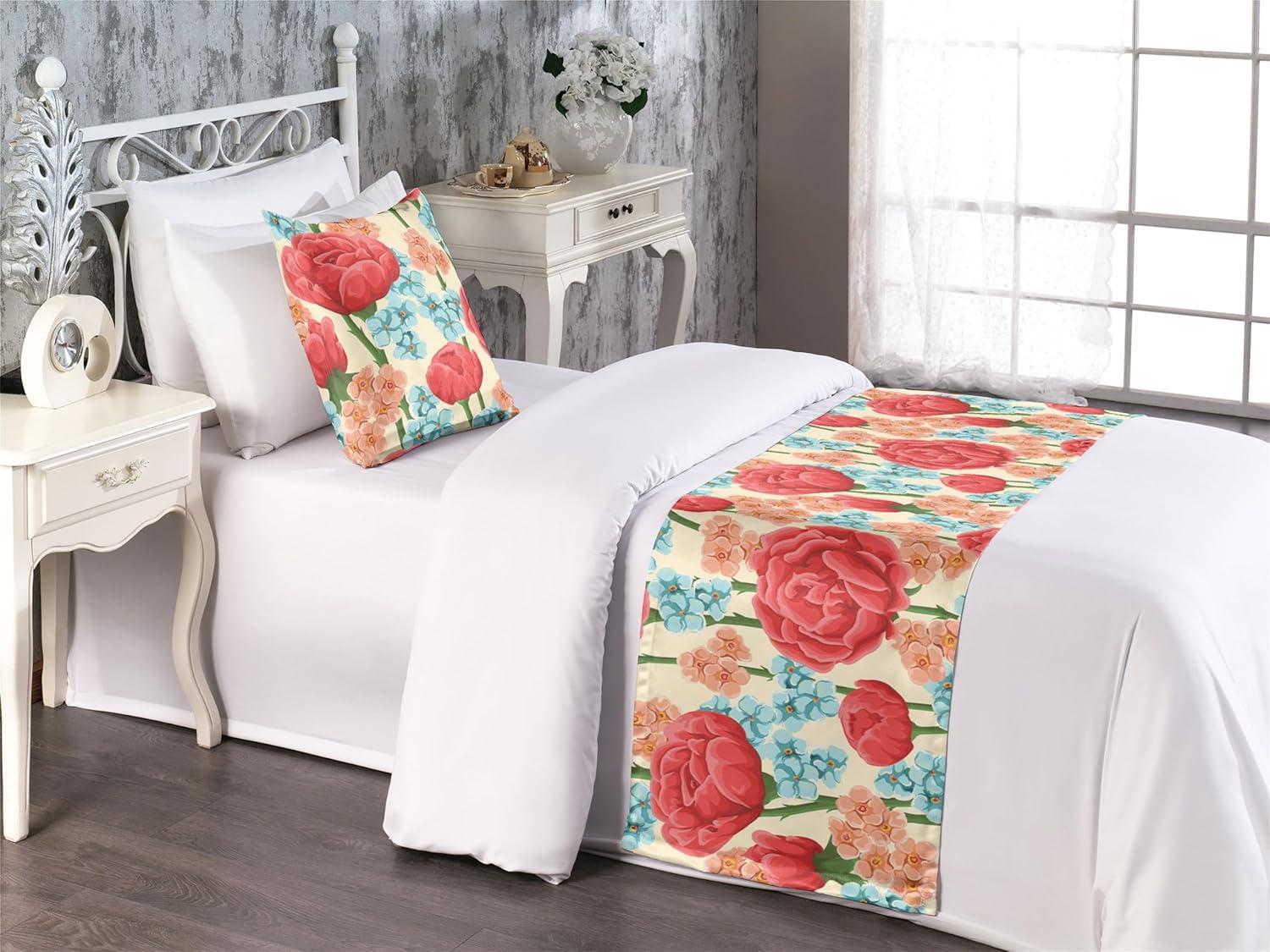 imageAmbesonne Floral Bed Runner Set Valentines Day Concept Art Pastel Repetitive Roses Pattern Plot Decorative Bedding Scarf and a Pillow Sham for Hotels Homes Twin Dark Pink Blush and WhiteDark Salmon and Slate Blue
