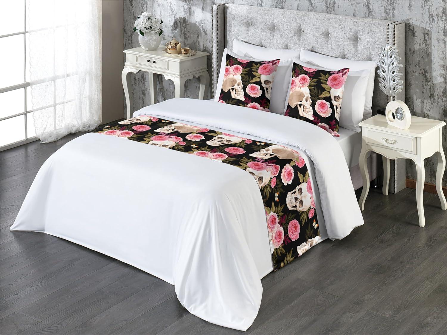 imageAmbesonne Floral Bed Runner Set Valentines Day Concept Art Pastel Repetitive Roses Pattern Plot Decorative Bedding Scarf and a Pillow Sham for Hotels Homes Twin Dark Pink Blush and WhitePink Laurel Green Black