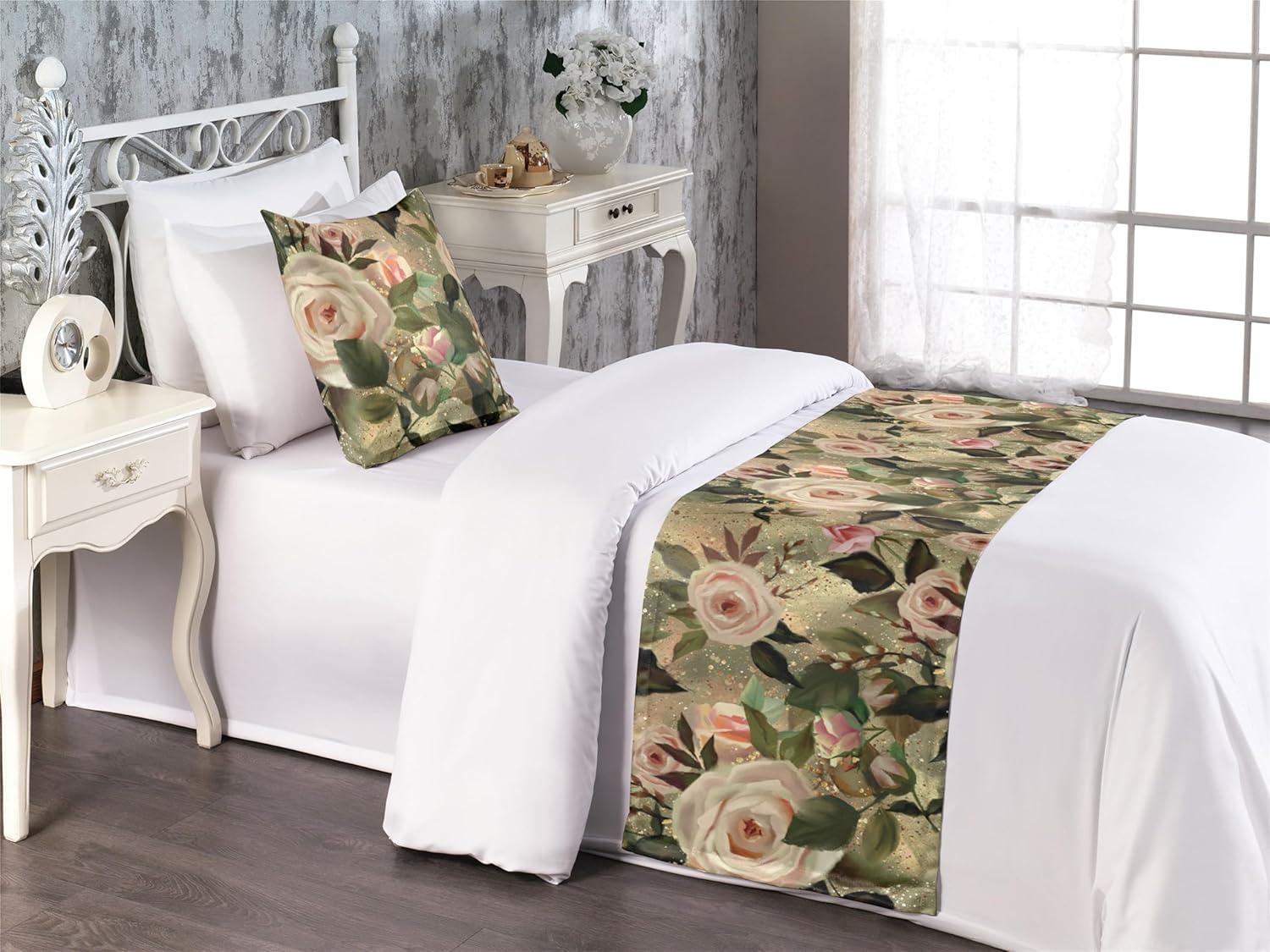 imageAmbesonne Floral Bed Runner Set Valentines Day Concept Art Pastel Repetitive Roses Pattern Plot Decorative Bedding Scarf and a Pillow Sham for Hotels Homes Twin Dark Pink Blush and WhitePale Rose Laurel Green