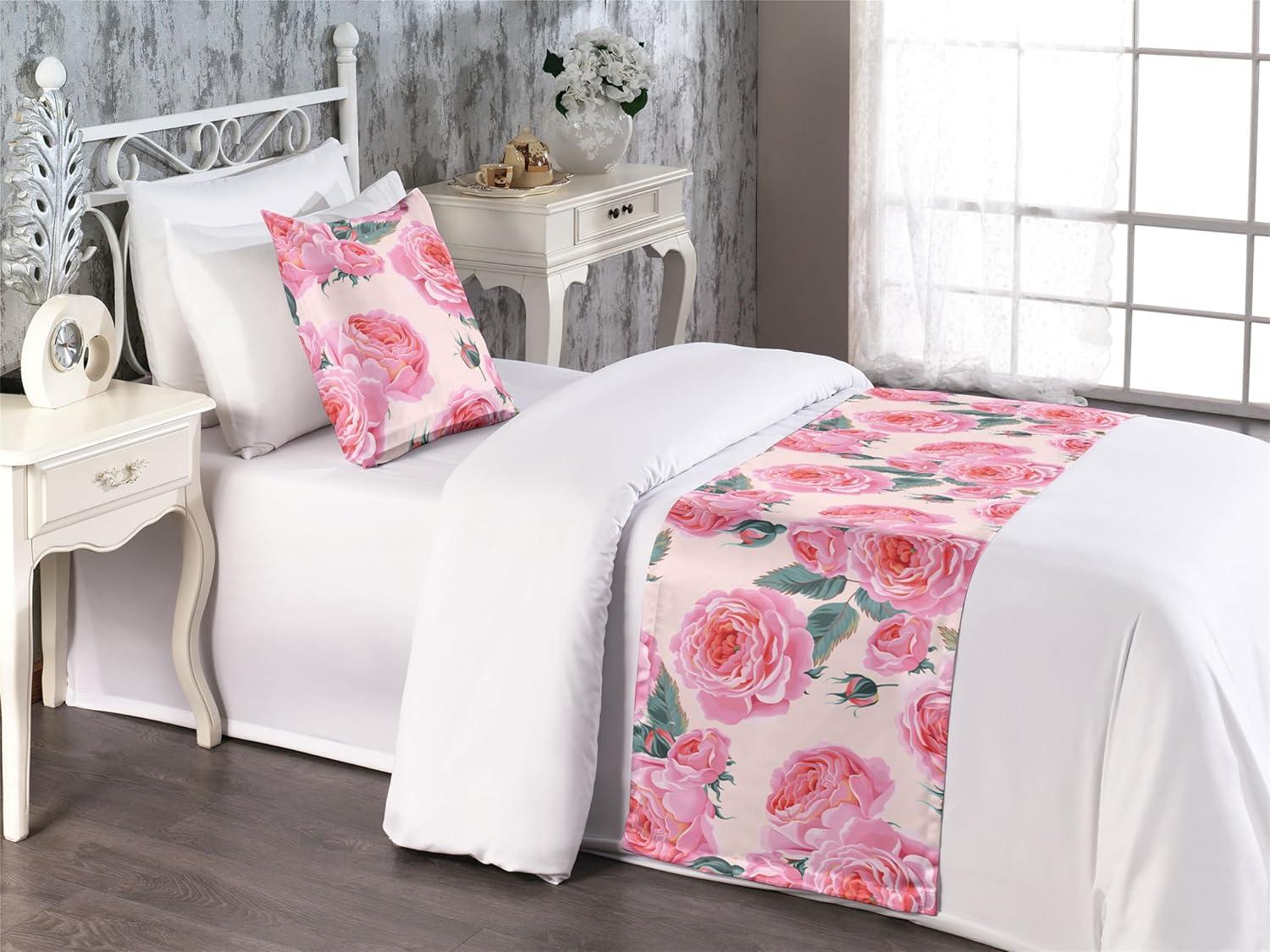 imageAmbesonne Floral Bed Runner Set Valentines Day Concept Art Pastel Repetitive Roses Pattern Plot Decorative Bedding Scarf and a Pillow Sham for Hotels Homes Twin Dark Pink Blush and WhiteDark Pink and Cadet Blue