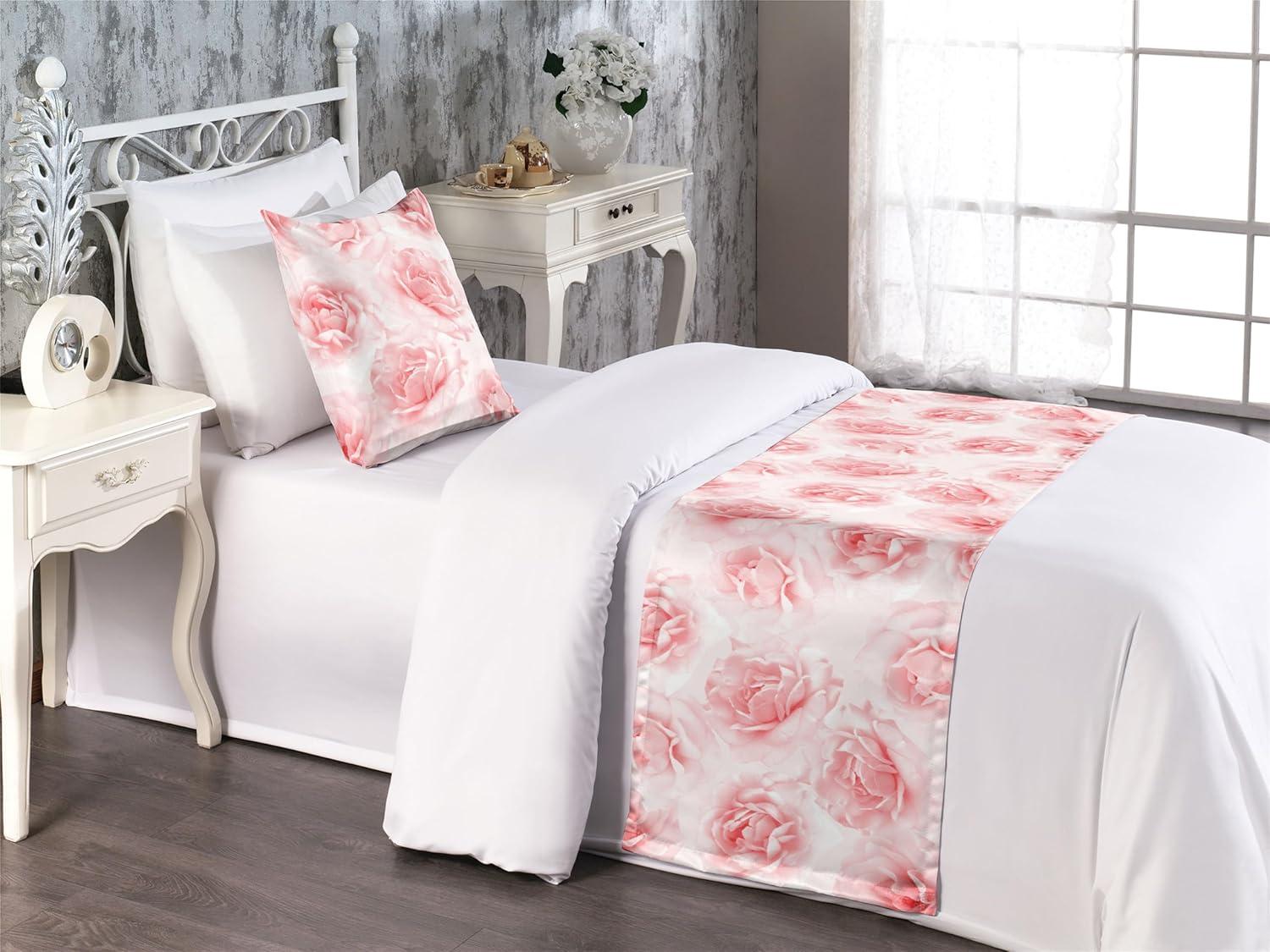 imageAmbesonne Floral Bed Runner Set Valentines Day Concept Art Pastel Repetitive Roses Pattern Plot Decorative Bedding Scarf and a Pillow Sham for Hotels Homes Twin Dark Pink Blush and WhiteDark Pink Blush and White