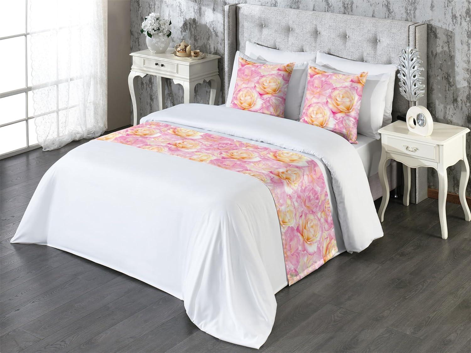 imageAmbesonne Floral Bed Runner Set Valentines Day Concept Art Pastel Repetitive Roses Pattern Plot Decorative Bedding Scarf and a Pillow Sham for Hotels Homes Twin Dark Pink Blush and WhitePastel Pink and Pale Fuchsia