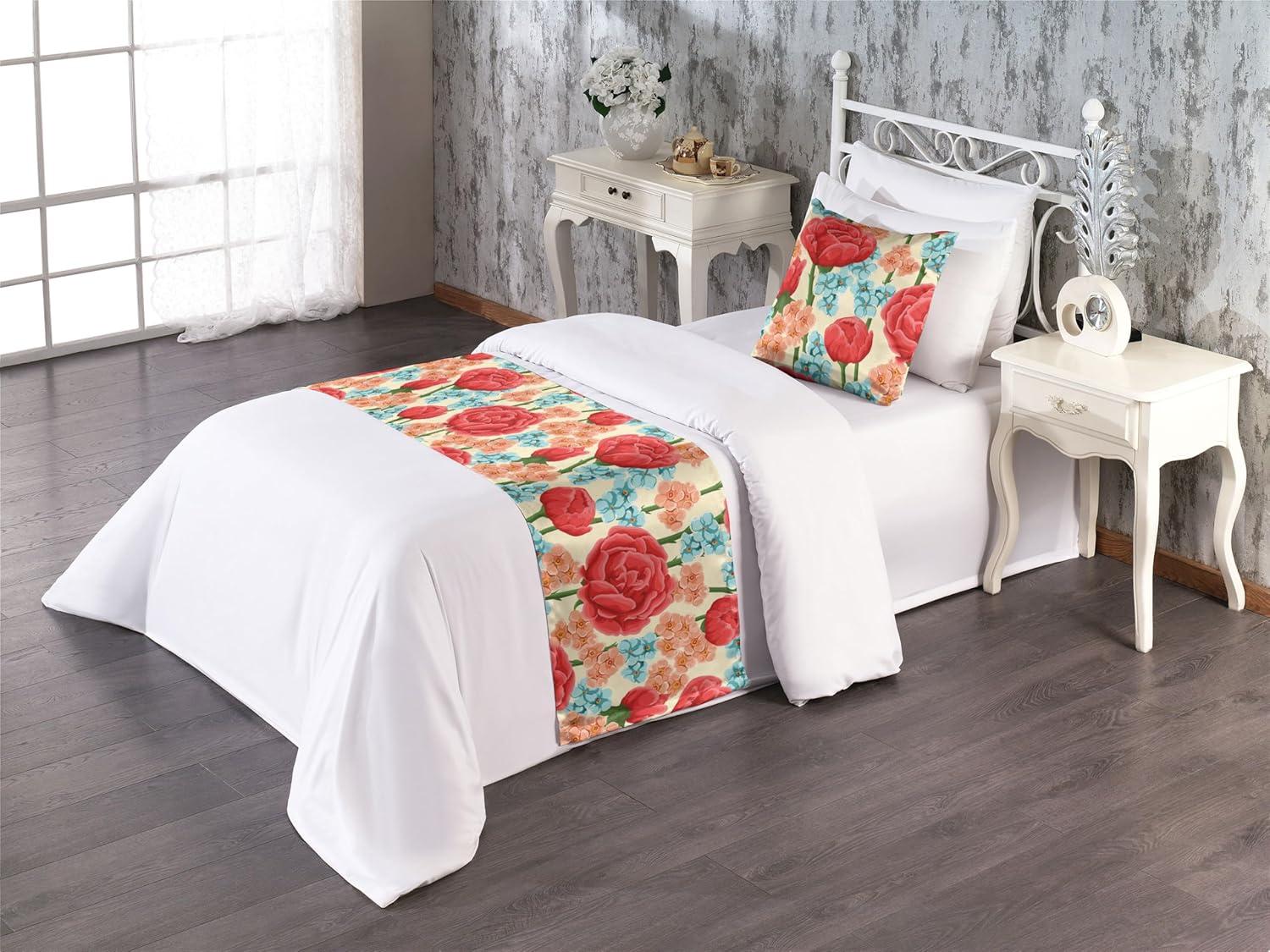 imageAmbesonne Floral Bed Runner Set Valentines Day Concept Art Pastel Repetitive Roses Pattern Plot Decorative Bedding Scarf and a Pillow Sham for Hotels Homes Twin Dark Pink Blush and WhiteDark Salmon and Slate Blue