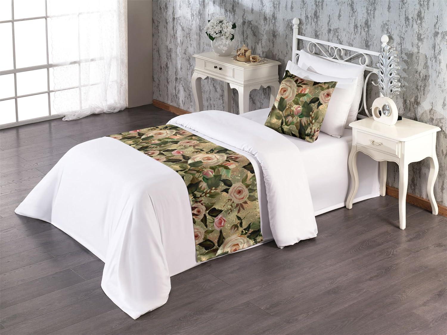 imageAmbesonne Floral Bed Runner Set Valentines Day Concept Art Pastel Repetitive Roses Pattern Plot Decorative Bedding Scarf and a Pillow Sham for Hotels Homes Twin Dark Pink Blush and WhitePale Rose Laurel Green