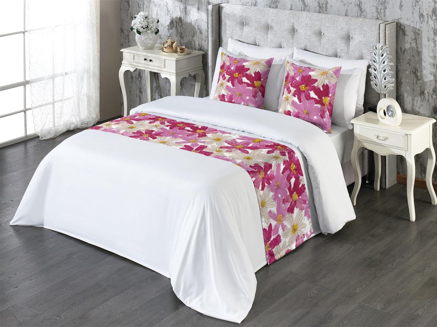 imageAmbesonne Floral Bed Runner Set Valentines Day Concept Art Pastel Repetitive Roses Pattern Plot Decorative Bedding Scarf and a Pillow Sham for Hotels Homes Twin Dark Pink Blush and WhiteEggshell Magenta Pink