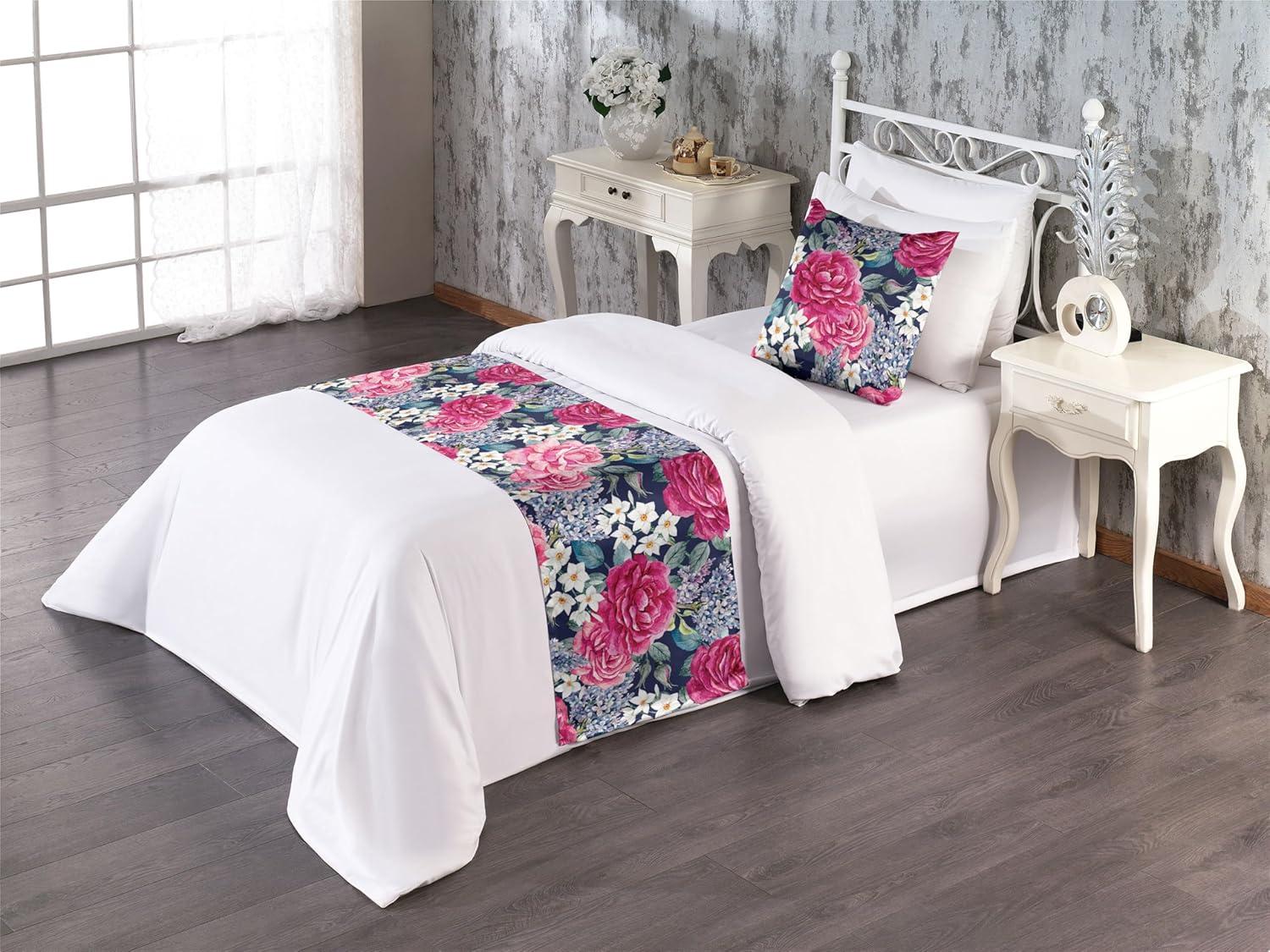 imageAmbesonne Floral Bed Runner Set Valentines Day Concept Art Pastel Repetitive Roses Pattern Plot Decorative Bedding Scarf and a Pillow Sham for Hotels Homes Twin Dark Pink Blush and WhiteRaspberry Laurel Green