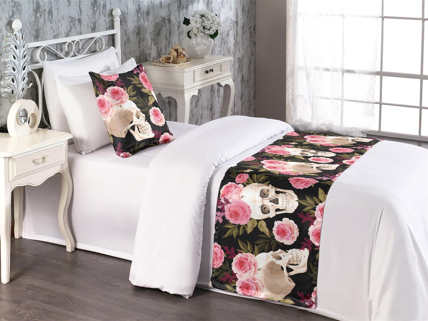 imageAmbesonne Floral Bed Runner Set Valentines Day Concept Art Pastel Repetitive Roses Pattern Plot Decorative Bedding Scarf and a Pillow Sham for Hotels Homes Twin Dark Pink Blush and WhitePink Laurel Green Black