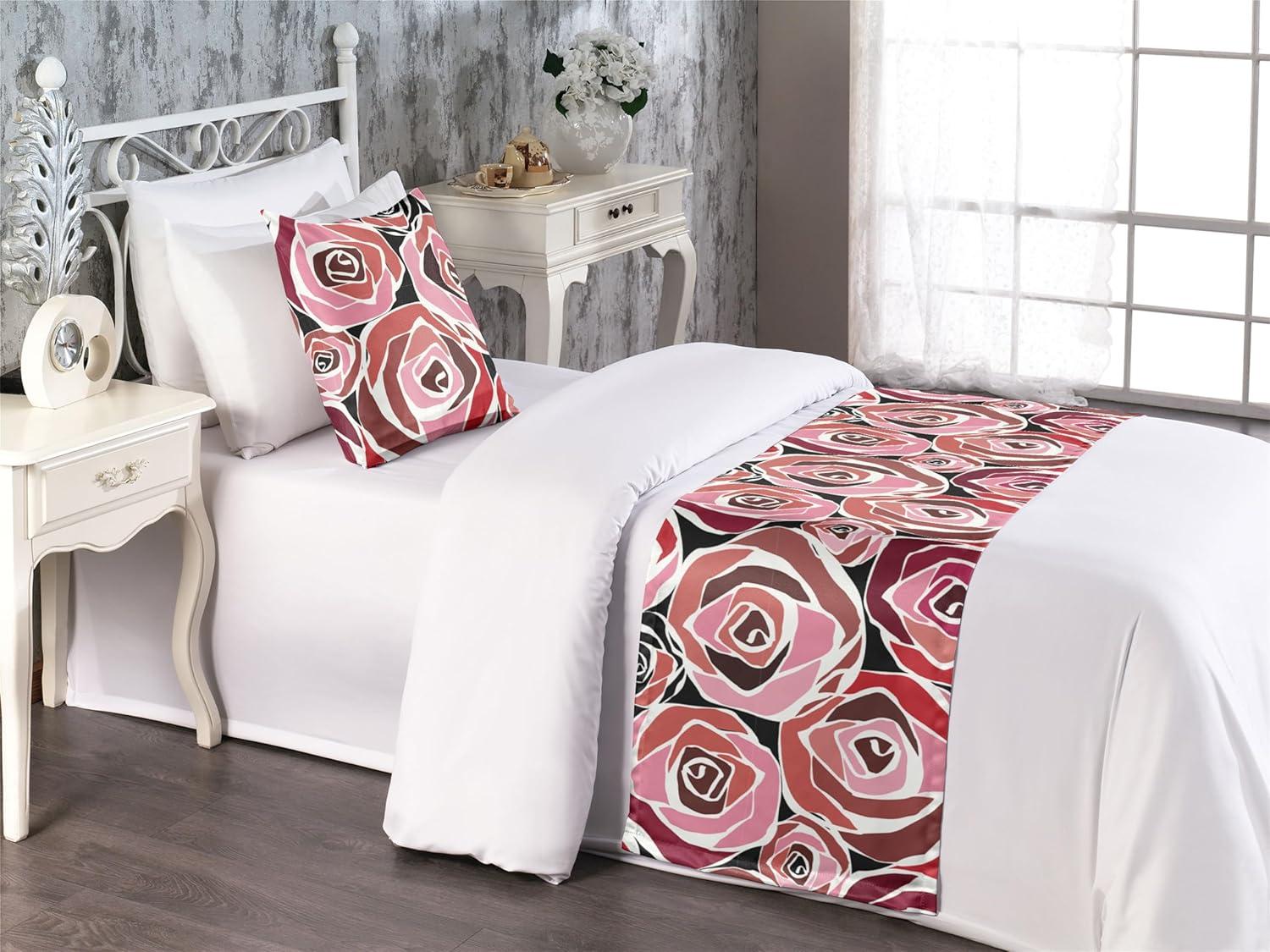 imageAmbesonne Floral Bed Runner Set Valentines Day Concept Art Pastel Repetitive Roses Pattern Plot Decorative Bedding Scarf and a Pillow Sham for Hotels Homes Twin Dark Pink Blush and WhiteDark Pink and Redbrown