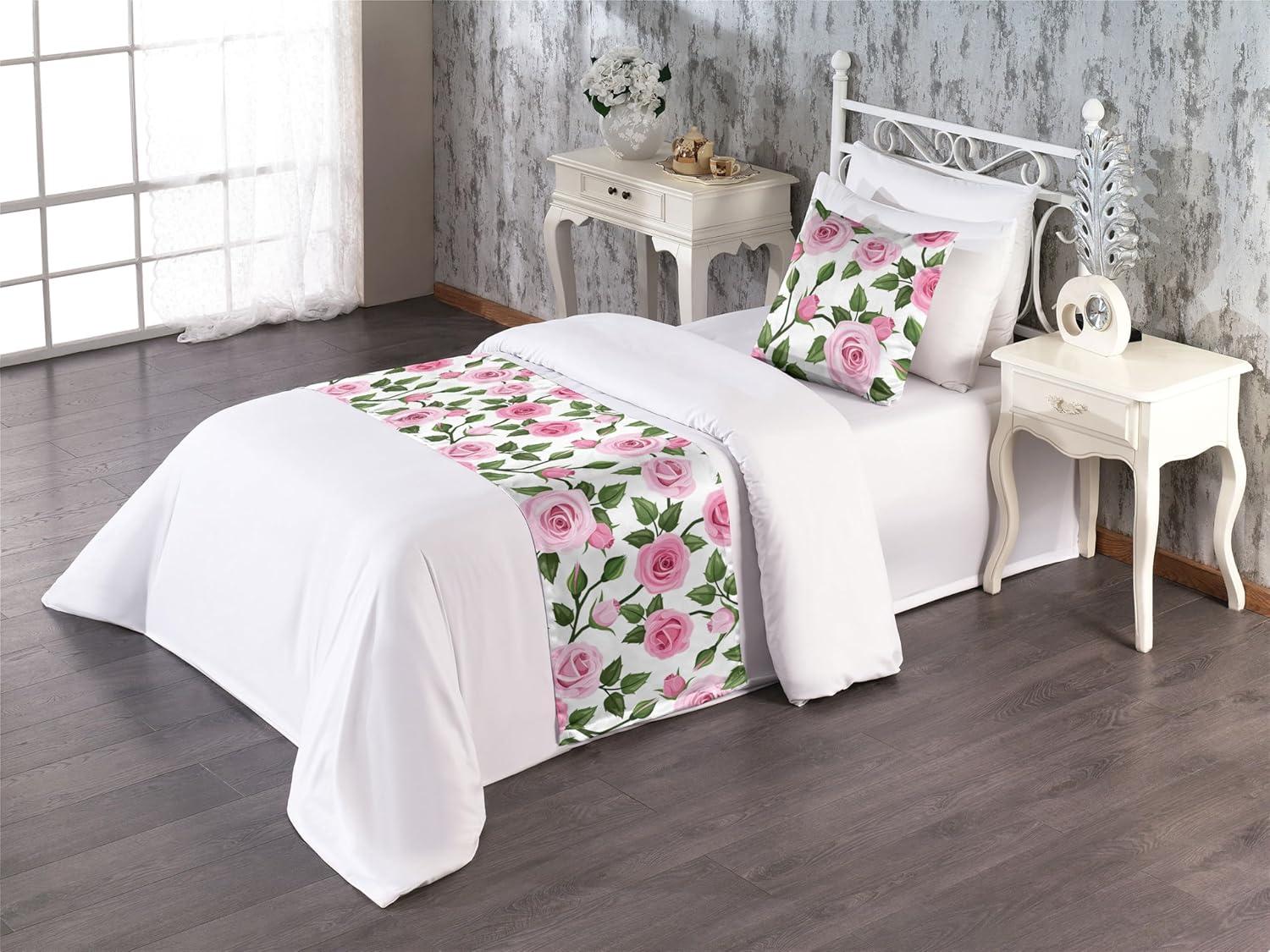 imageAmbesonne Floral Bed Runner Set Valentines Day Concept Art Pastel Repetitive Roses Pattern Plot Decorative Bedding Scarf and a Pillow Sham for Hotels Homes Twin Dark Pink Blush and WhitePastel Pink Olive Green