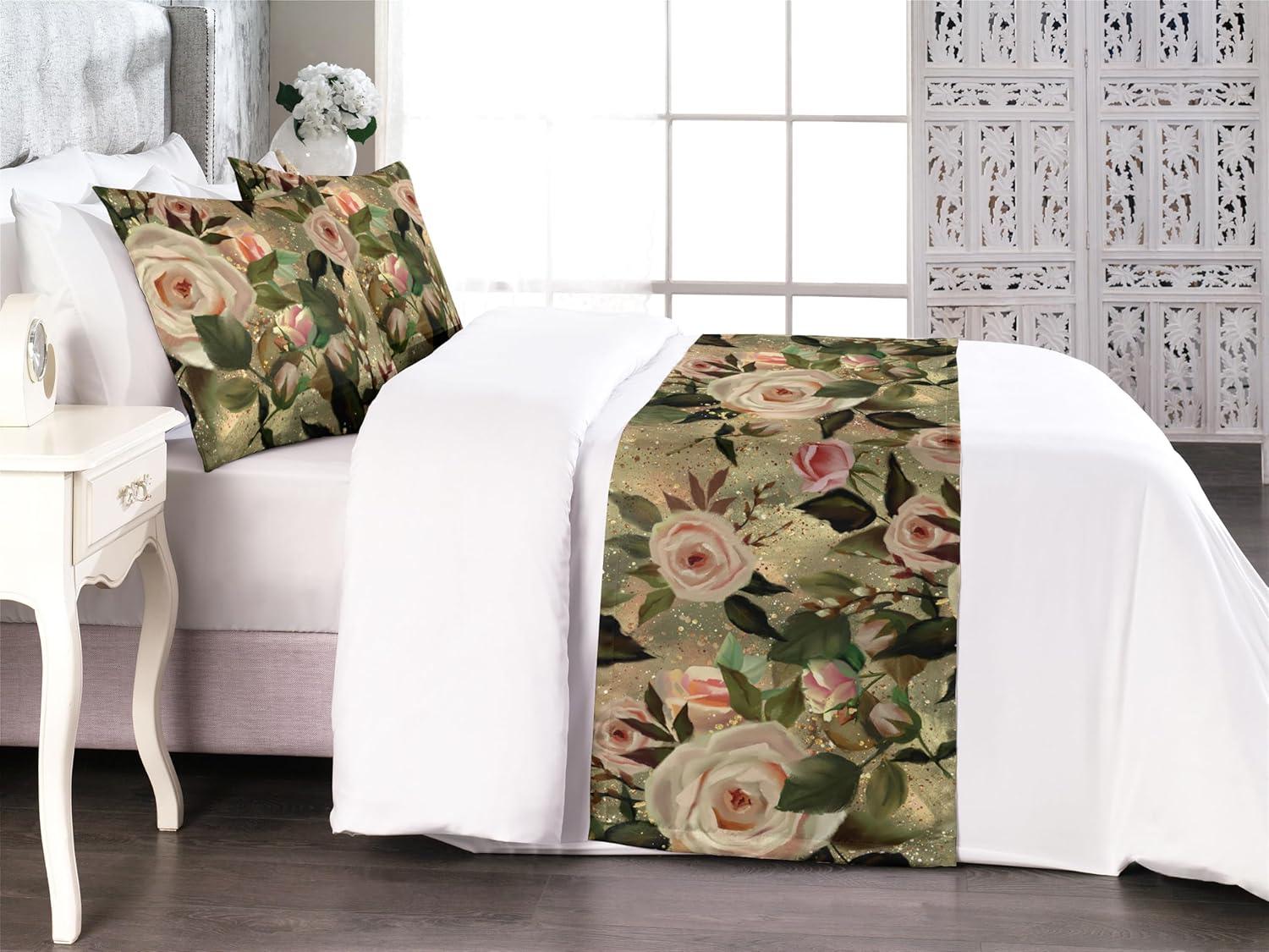 imageAmbesonne Floral Bed Runner Set Valentines Day Concept Art Pastel Repetitive Roses Pattern Plot Decorative Bedding Scarf and a Pillow Sham for Hotels Homes Twin Dark Pink Blush and WhitePale Rose Laurel Green