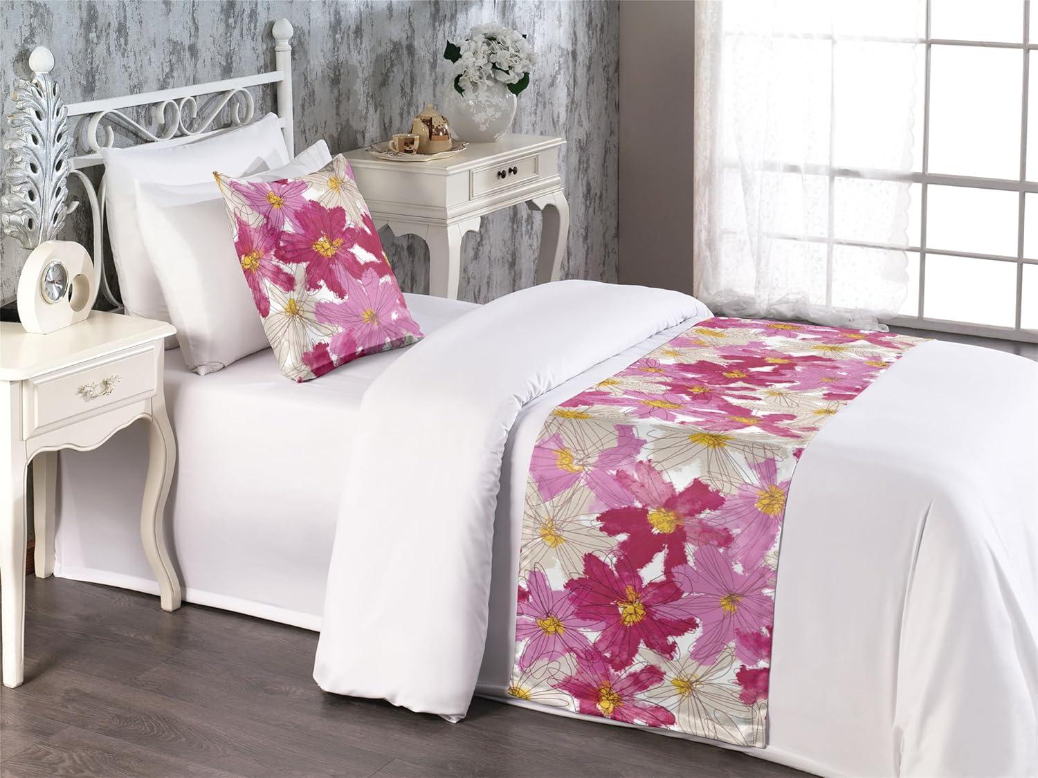 imageAmbesonne Floral Bed Runner Set Valentines Day Concept Art Pastel Repetitive Roses Pattern Plot Decorative Bedding Scarf and a Pillow Sham for Hotels Homes Twin Dark Pink Blush and WhiteEggshell Magenta Pink