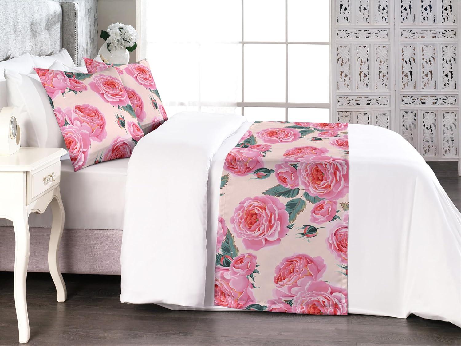 imageAmbesonne Floral Bed Runner Set Valentines Day Concept Art Pastel Repetitive Roses Pattern Plot Decorative Bedding Scarf and a Pillow Sham for Hotels Homes Twin Dark Pink Blush and WhiteDark Pink and Cadet Blue