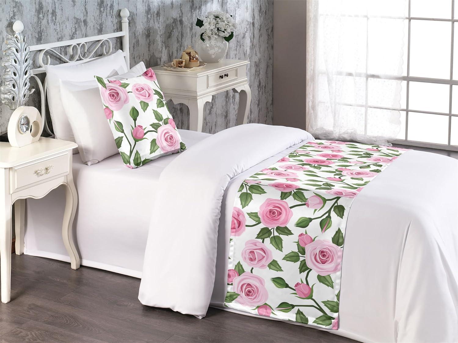 imageAmbesonne Floral Bed Runner Set Valentines Day Concept Art Pastel Repetitive Roses Pattern Plot Decorative Bedding Scarf and a Pillow Sham for Hotels Homes Twin Dark Pink Blush and WhitePastel Pink Olive Green