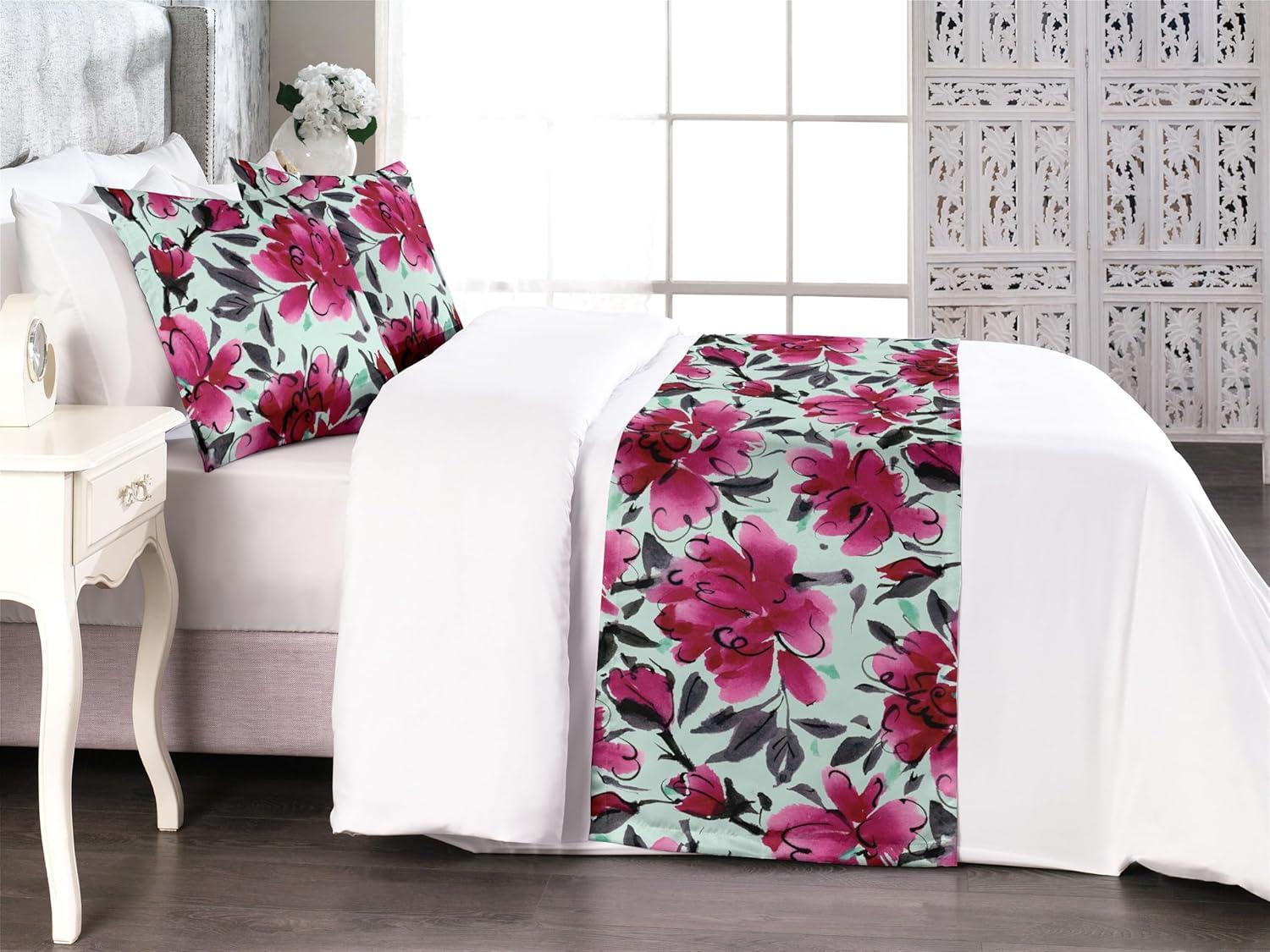 imageAmbesonne Floral Bed Runner Set Valentines Day Theme Grunge Style Repetitive Rose Flowers Abstract Decorative Bedding Scarf and 2 Pillow Shams for Hotels Homes King Pale Fuchsia and SepiaDark Magenta Mint Green