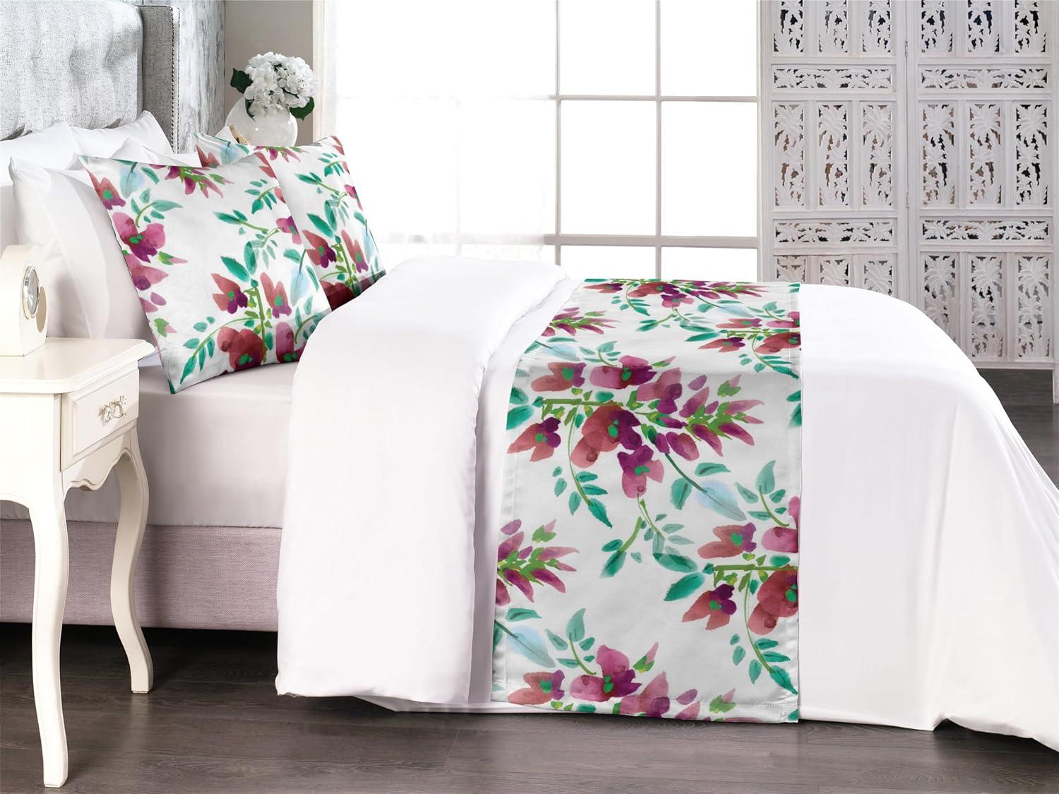 imageAmbesonne Floral Bed Runner Set Valentines Day Theme Grunge Style Repetitive Rose Flowers Abstract Decorative Bedding Scarf and 2 Pillow Shams for Hotels Homes King Pale Fuchsia and SepiaPistachio Green and Ruby