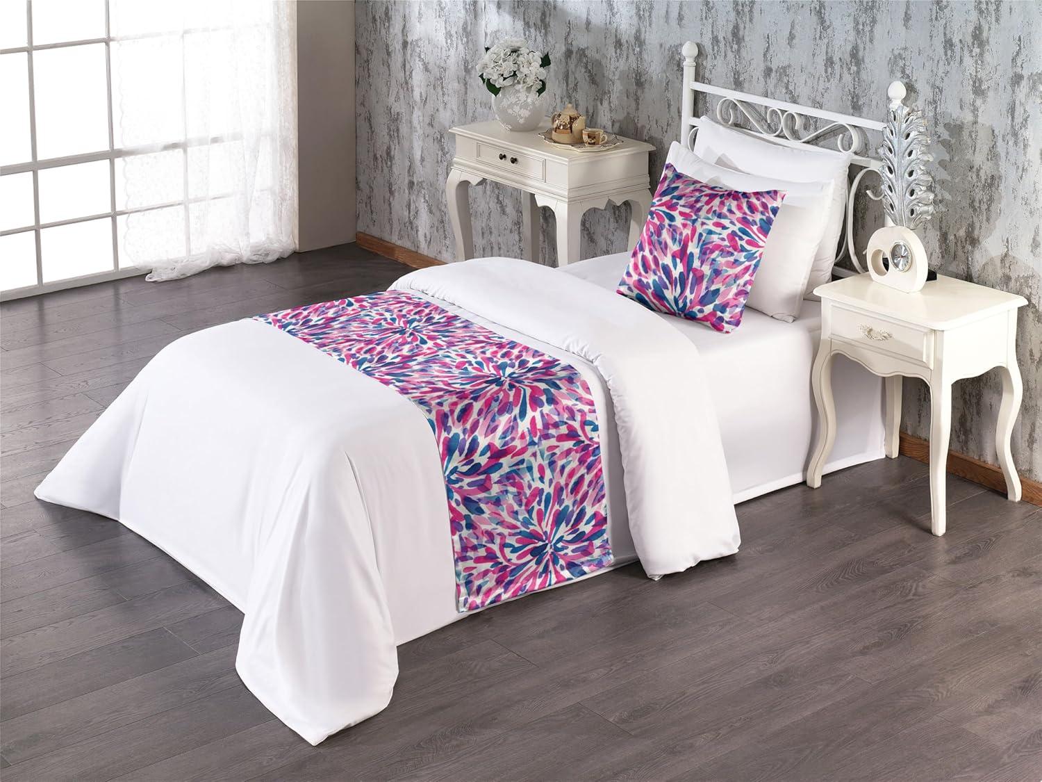 imageAmbesonne Floral Bed Runner Set Valentines Day Theme Grunge Style Repetitive Rose Flowers Abstract Decorative Bedding Scarf and 2 Pillow Shams for Hotels Homes King Pale Fuchsia and SepiaHot Pink and Night Blue