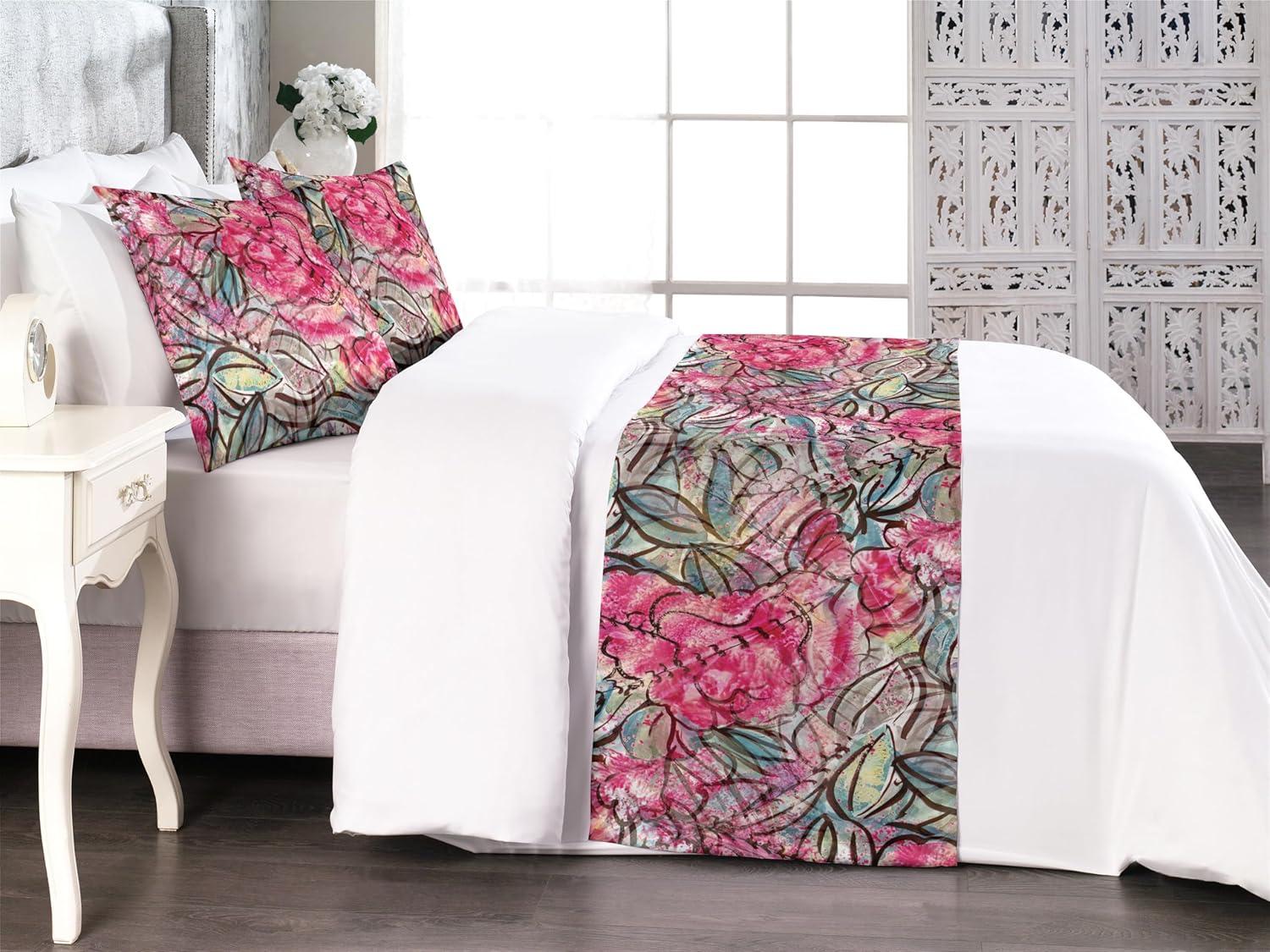 imageAmbesonne Floral Bed Runner Set Valentines Day Theme Grunge Style Repetitive Rose Flowers Abstract Decorative Bedding Scarf and 2 Pillow Shams for Hotels Homes King Pale Fuchsia and SepiaDark Coral and Slate Blue