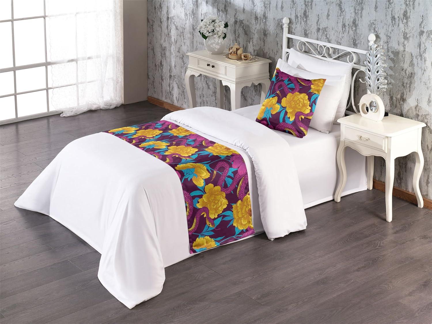 imageAmbesonne Floral Bed Runner Set Valentines Day Theme Grunge Style Repetitive Rose Flowers Abstract Decorative Bedding Scarf and 2 Pillow Shams for Hotels Homes King Pale Fuchsia and SepiaEarth Yellow and Hot Pink