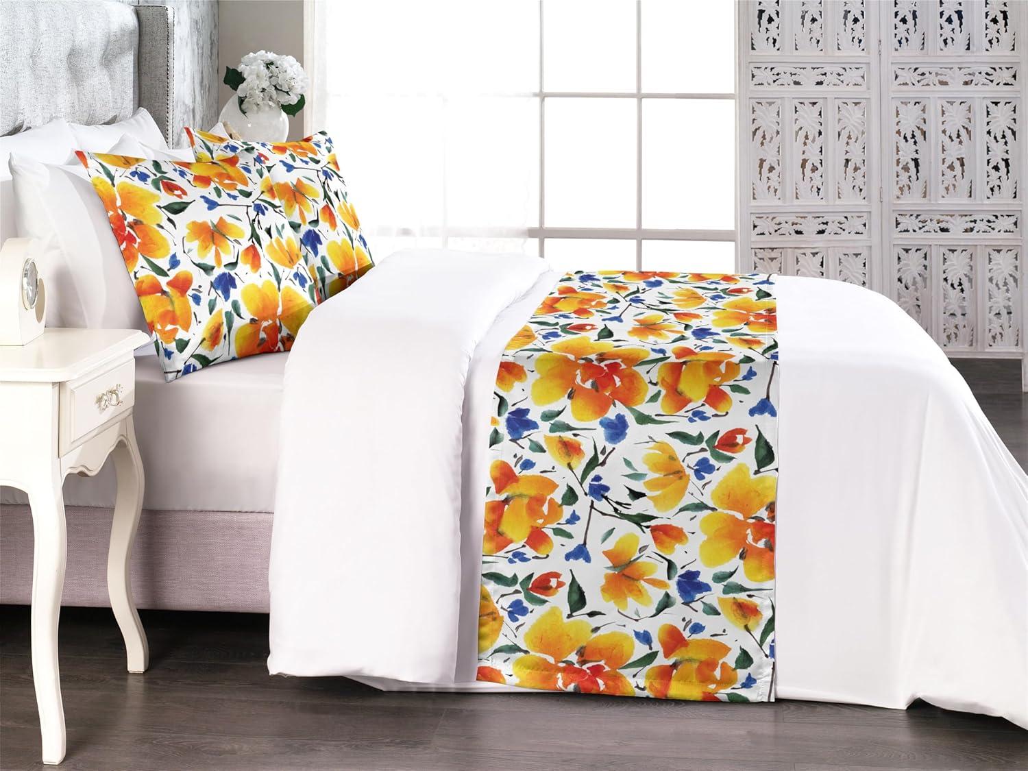 imageAmbesonne Floral Bed Runner Set Valentines Day Theme Grunge Style Repetitive Rose Flowers Abstract Decorative Bedding Scarf and 2 Pillow Shams for Hotels Homes King Pale Fuchsia and SepiaEarth Yellow Violet Blue