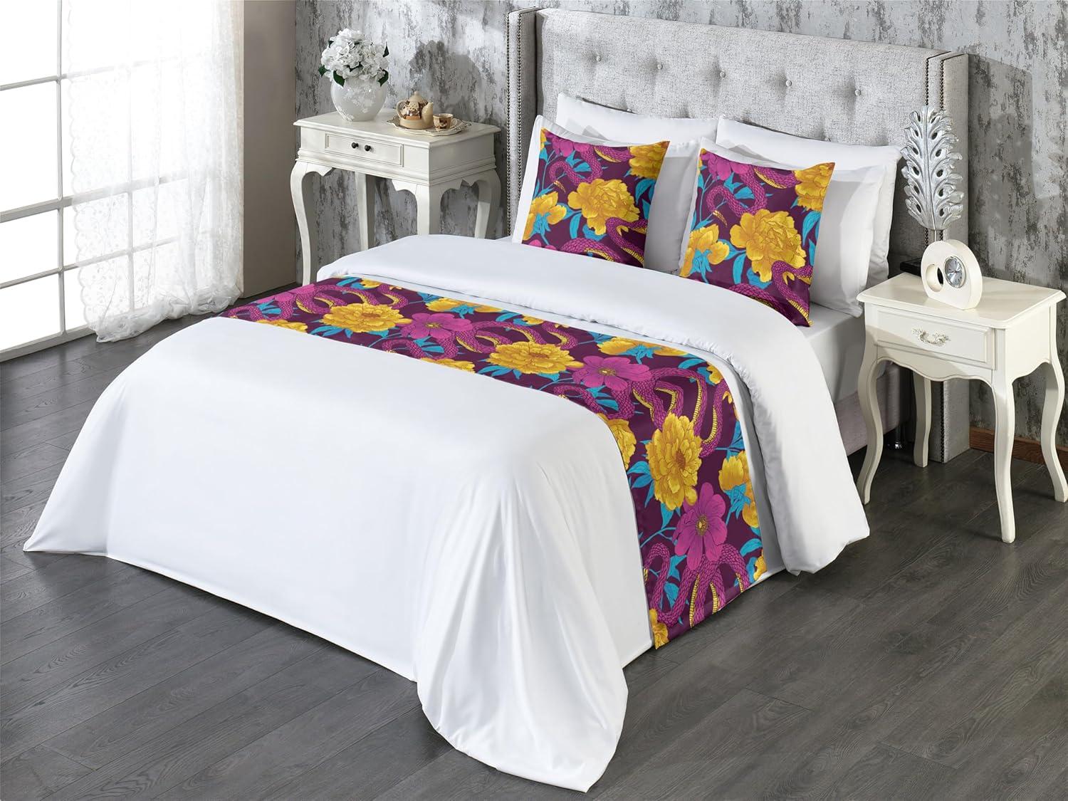 imageAmbesonne Floral Bed Runner Set Valentines Day Theme Grunge Style Repetitive Rose Flowers Abstract Decorative Bedding Scarf and 2 Pillow Shams for Hotels Homes King Pale Fuchsia and SepiaEarth Yellow and Hot Pink