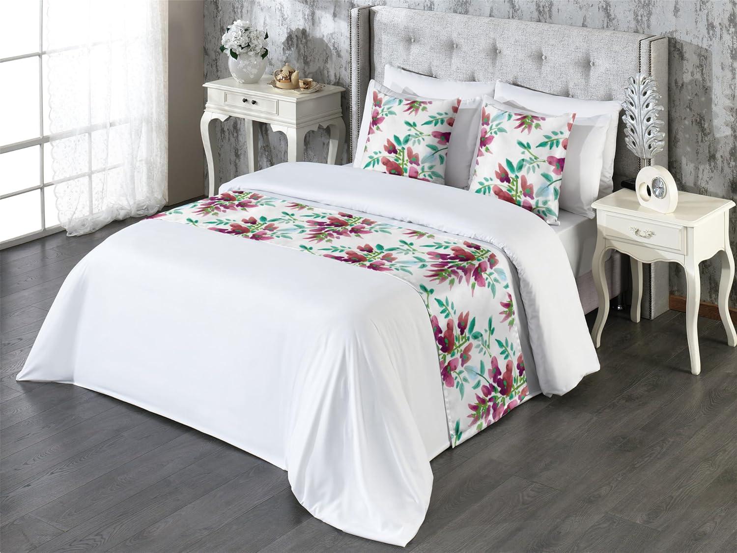 imageAmbesonne Floral Bed Runner Set Valentines Day Theme Grunge Style Repetitive Rose Flowers Abstract Decorative Bedding Scarf and 2 Pillow Shams for Hotels Homes King Pale Fuchsia and SepiaPistachio Green and Ruby