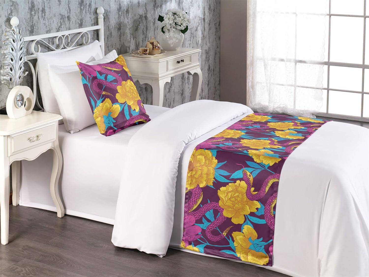 imageAmbesonne Floral Bed Runner Set Valentines Day Theme Grunge Style Repetitive Rose Flowers Abstract Decorative Bedding Scarf and 2 Pillow Shams for Hotels Homes King Pale Fuchsia and SepiaEarth Yellow and Hot Pink