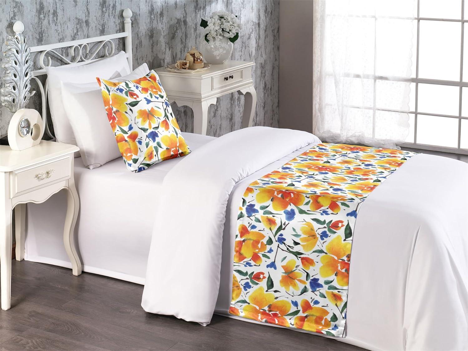 imageAmbesonne Floral Bed Runner Set Valentines Day Theme Grunge Style Repetitive Rose Flowers Abstract Decorative Bedding Scarf and 2 Pillow Shams for Hotels Homes King Pale Fuchsia and SepiaEarth Yellow Violet Blue