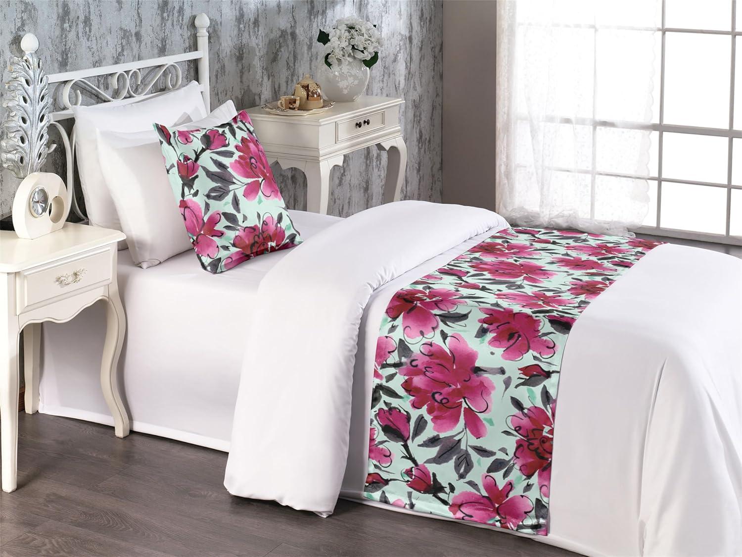 imageAmbesonne Floral Bed Runner Set Valentines Day Theme Grunge Style Repetitive Rose Flowers Abstract Decorative Bedding Scarf and 2 Pillow Shams for Hotels Homes King Pale Fuchsia and SepiaDark Magenta Mint Green