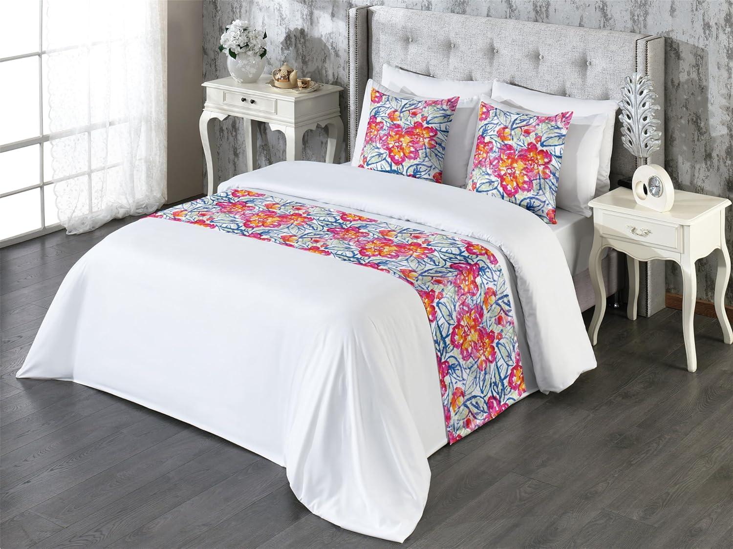 imageAmbesonne Floral Bed Runner Set Valentines Day Theme Grunge Style Repetitive Rose Flowers Abstract Decorative Bedding Scarf and 2 Pillow Shams for Hotels Homes King Pale Fuchsia and SepiaHot Pink and Blue Violet