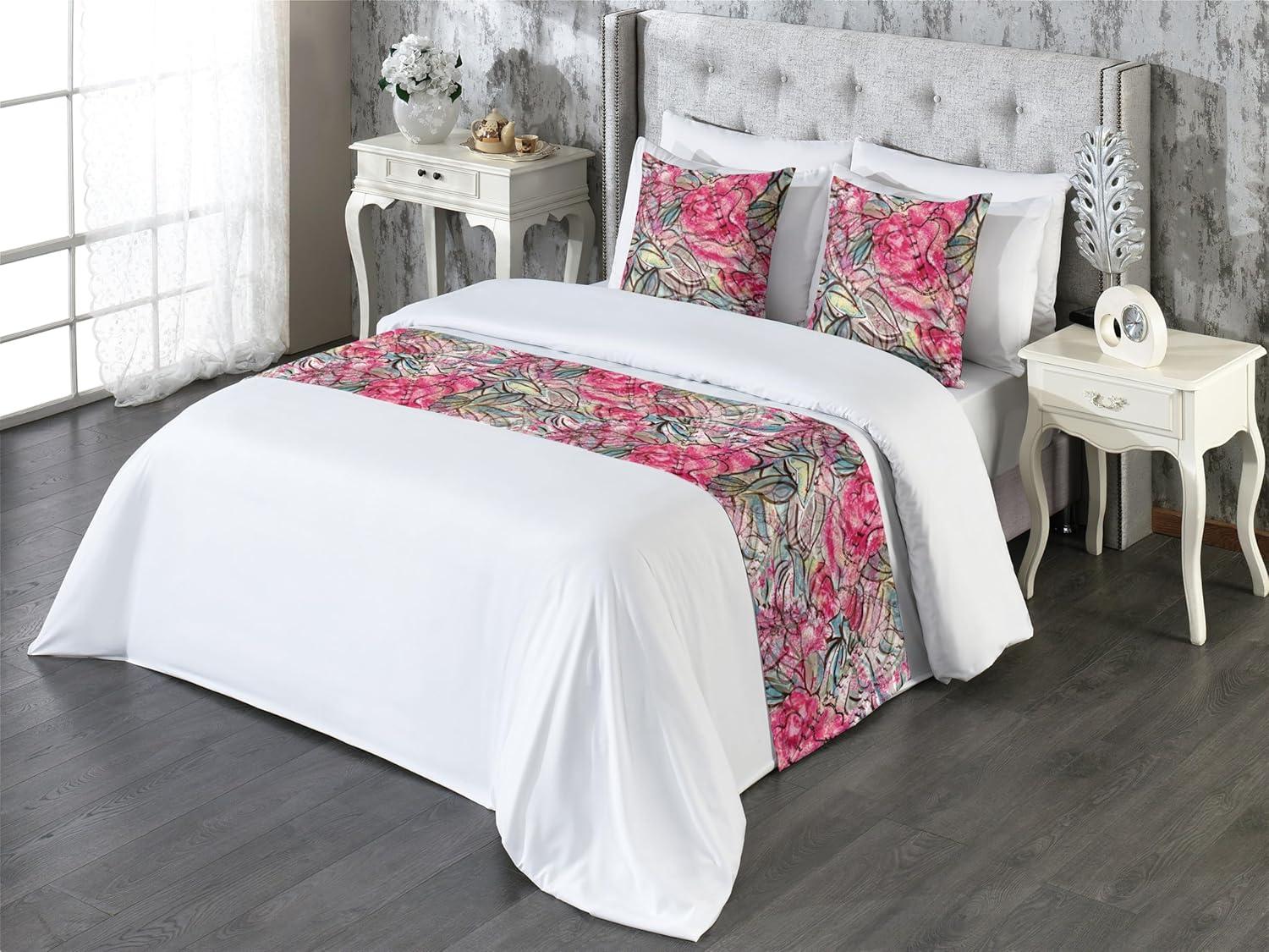 imageAmbesonne Floral Bed Runner Set Valentines Day Theme Grunge Style Repetitive Rose Flowers Abstract Decorative Bedding Scarf and 2 Pillow Shams for Hotels Homes King Pale Fuchsia and SepiaDark Coral and Slate Blue