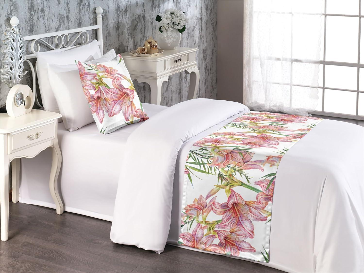 imageAmbesonne Floral Bed Runner Set Valentines Day Theme Grunge Style Repetitive Rose Flowers Abstract Decorative Bedding Scarf and 2 Pillow Shams for Hotels Homes King Pale Fuchsia and SepiaRaspberry and Pistachio Green