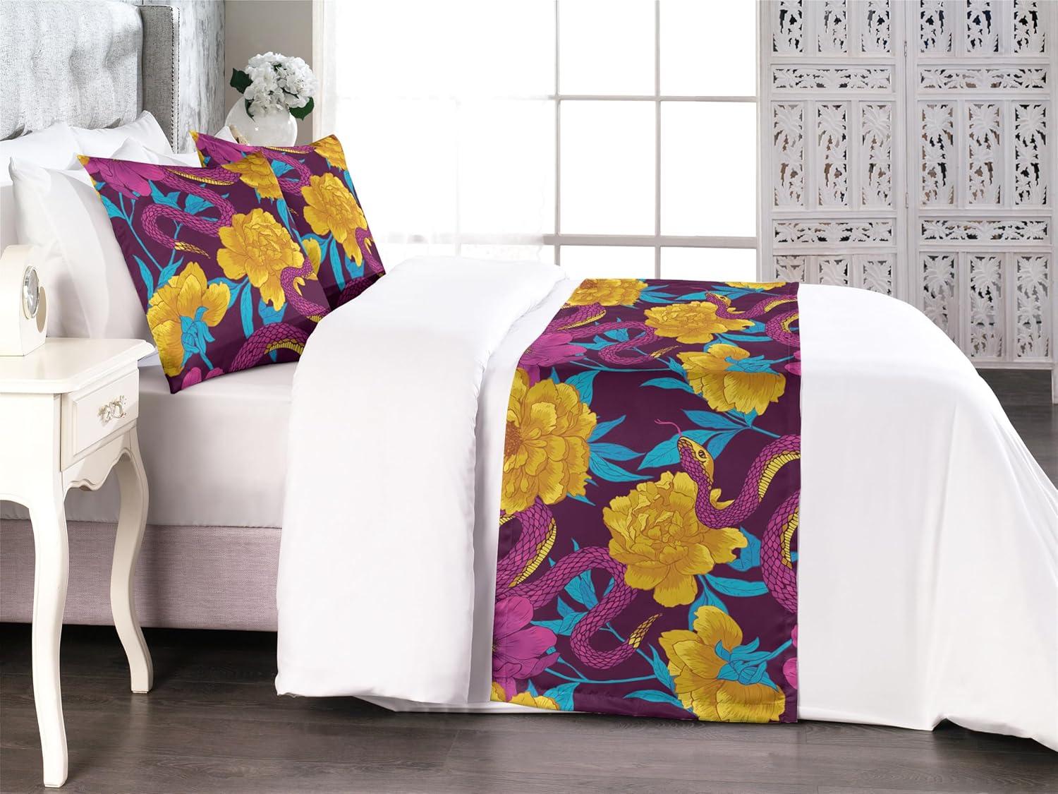 imageAmbesonne Floral Bed Runner Set Valentines Day Theme Grunge Style Repetitive Rose Flowers Abstract Decorative Bedding Scarf and 2 Pillow Shams for Hotels Homes King Pale Fuchsia and SepiaEarth Yellow and Hot Pink