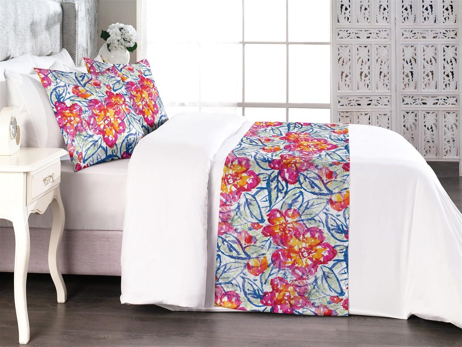 imageAmbesonne Floral Bed Runner Set Valentines Day Theme Grunge Style Repetitive Rose Flowers Abstract Decorative Bedding Scarf and 2 Pillow Shams for Hotels Homes King Pale Fuchsia and SepiaHot Pink and Blue Violet