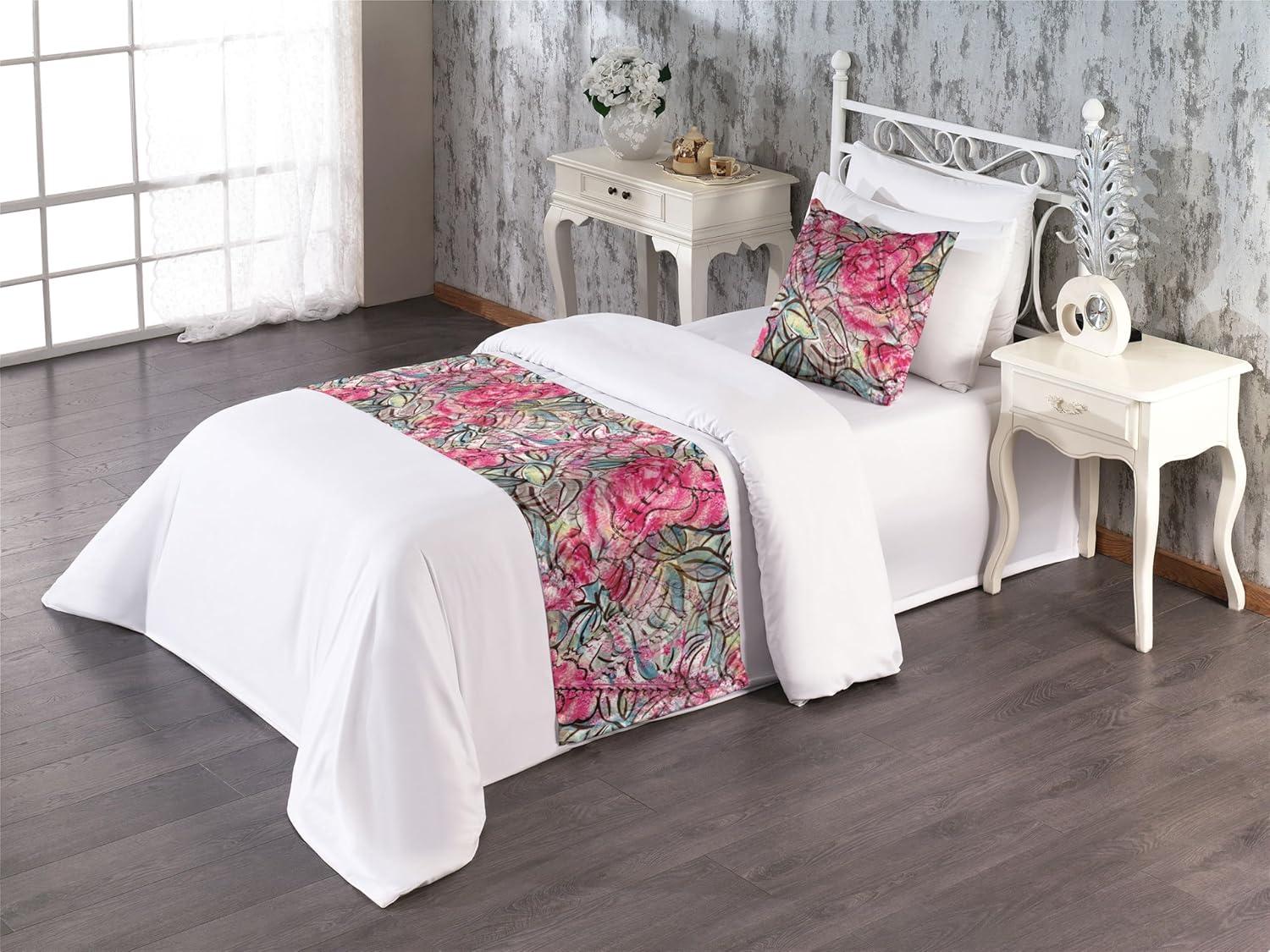 imageAmbesonne Floral Bed Runner Set Valentines Day Theme Grunge Style Repetitive Rose Flowers Abstract Decorative Bedding Scarf and 2 Pillow Shams for Hotels Homes King Pale Fuchsia and SepiaDark Coral and Slate Blue