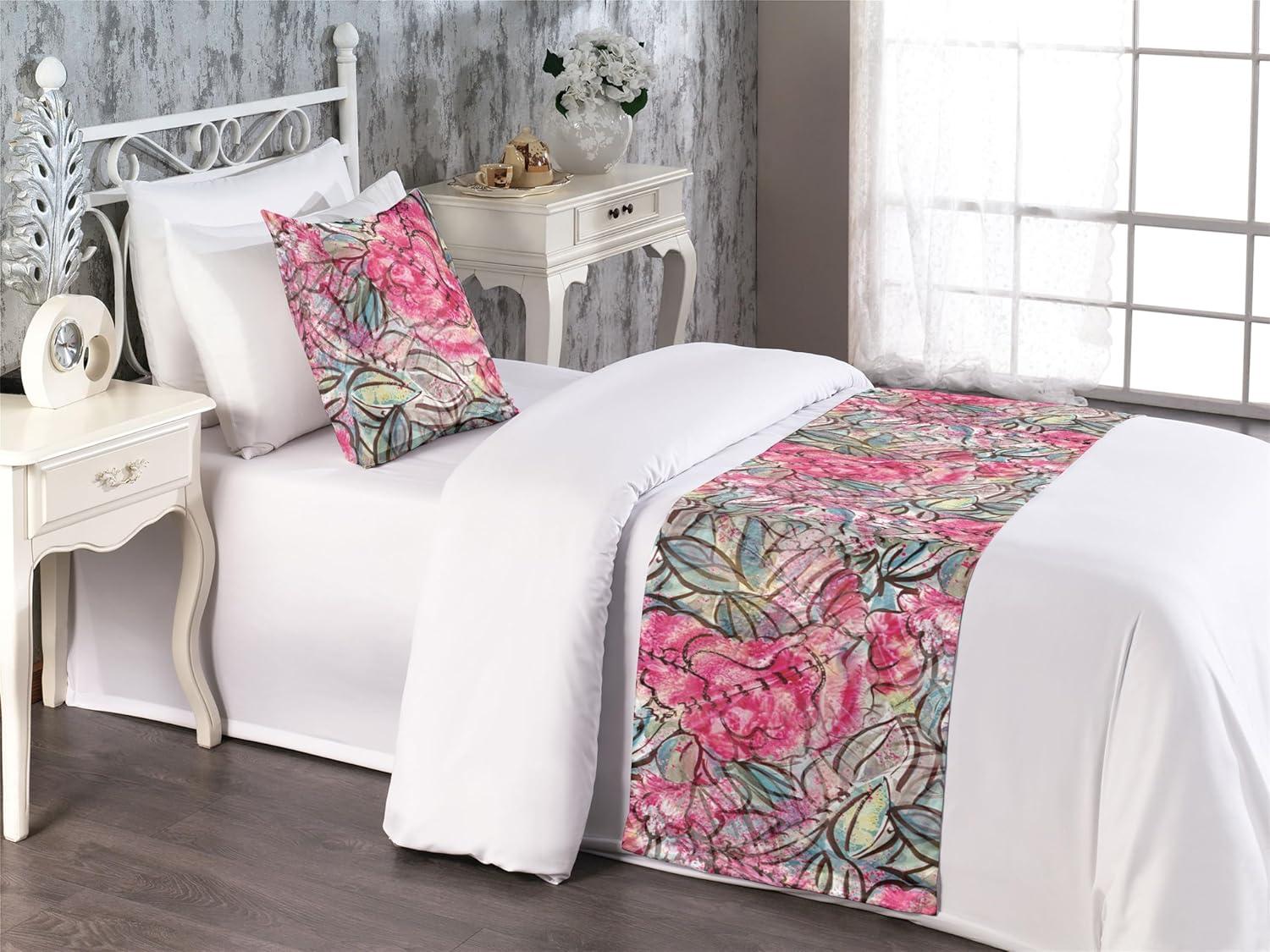 imageAmbesonne Floral Bed Runner Set Valentines Day Theme Grunge Style Repetitive Rose Flowers Abstract Decorative Bedding Scarf and 2 Pillow Shams for Hotels Homes King Pale Fuchsia and SepiaDark Coral and Slate Blue