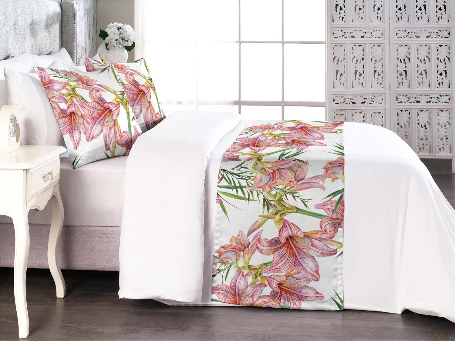 imageAmbesonne Floral Bed Runner Set Valentines Day Theme Grunge Style Repetitive Rose Flowers Abstract Decorative Bedding Scarf and 2 Pillow Shams for Hotels Homes King Pale Fuchsia and SepiaRaspberry and Pistachio Green