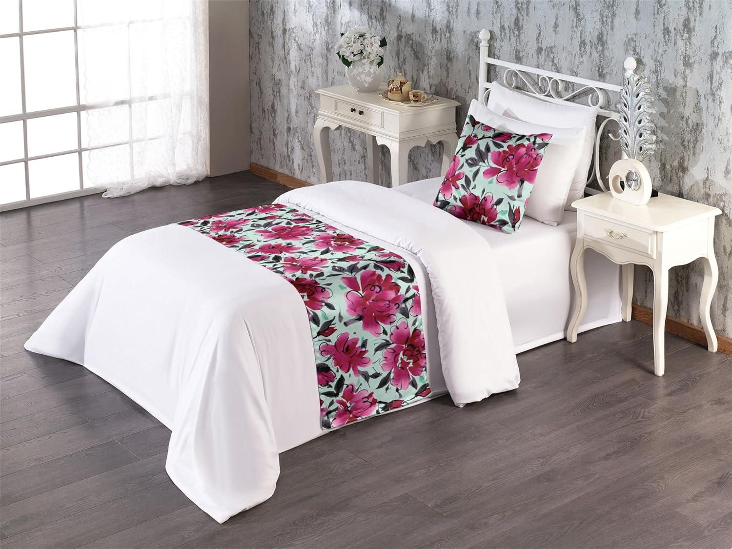imageAmbesonne Floral Bed Runner Set Valentines Day Theme Grunge Style Repetitive Rose Flowers Abstract Decorative Bedding Scarf and 2 Pillow Shams for Hotels Homes King Pale Fuchsia and SepiaDark Magenta Mint Green