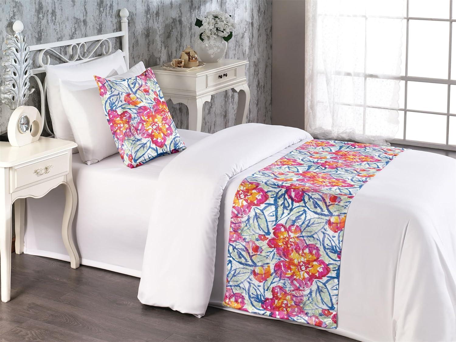 imageAmbesonne Floral Bed Runner Set Valentines Day Theme Grunge Style Repetitive Rose Flowers Abstract Decorative Bedding Scarf and 2 Pillow Shams for Hotels Homes King Pale Fuchsia and SepiaHot Pink and Blue Violet