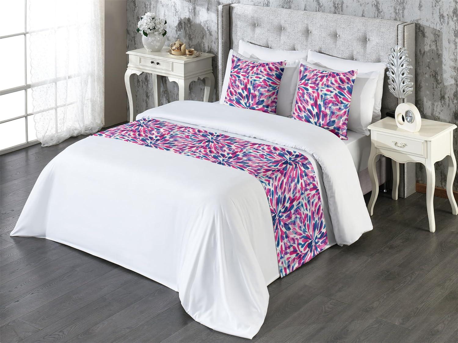 imageAmbesonne Floral Bed Runner Set Valentines Day Theme Grunge Style Repetitive Rose Flowers Abstract Decorative Bedding Scarf and 2 Pillow Shams for Hotels Homes King Pale Fuchsia and SepiaHot Pink and Night Blue
