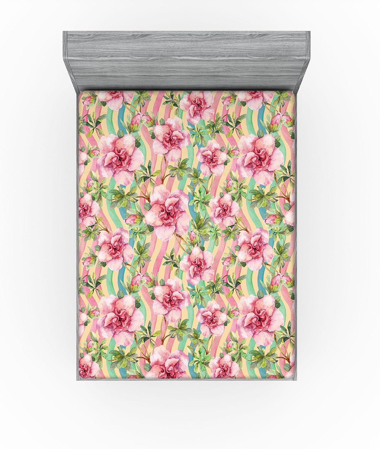 imageAmbesonne Floral Fitted Sheet Romantic Concept Art Featuring Rose Flowers Hearts Leaves Valentine Decorative Soft Fabric Bedding AllRound Elastic Pocket Queen Size Pastel Pink and Fern GreenPastel Pink and Olive Green