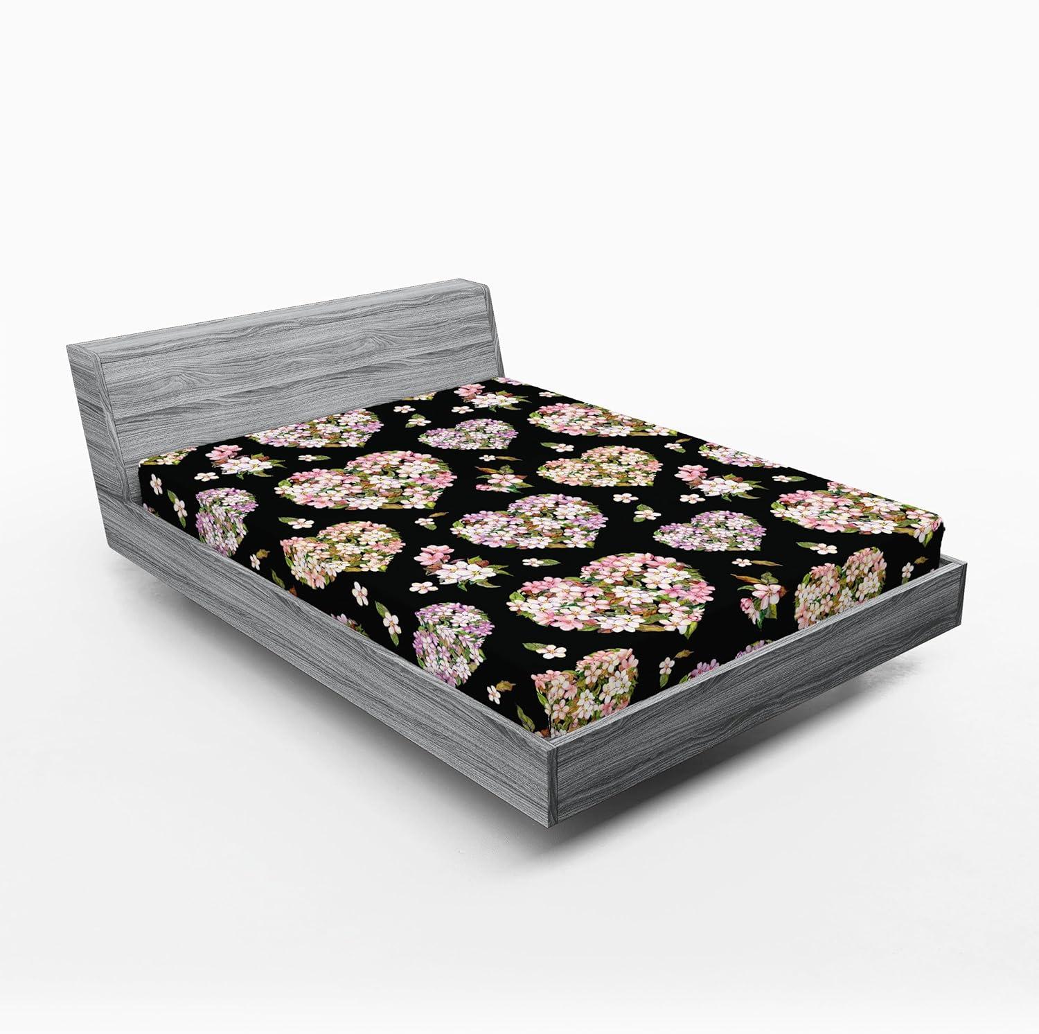 imageAmbesonne Floral Fitted Sheet Romantic Concept Art Featuring Rose Flowers Hearts Leaves Valentine Decorative Soft Fabric Bedding AllRound Elastic Pocket Queen Size Pastel Pink and Fern GreenSage Green and Soft Pink