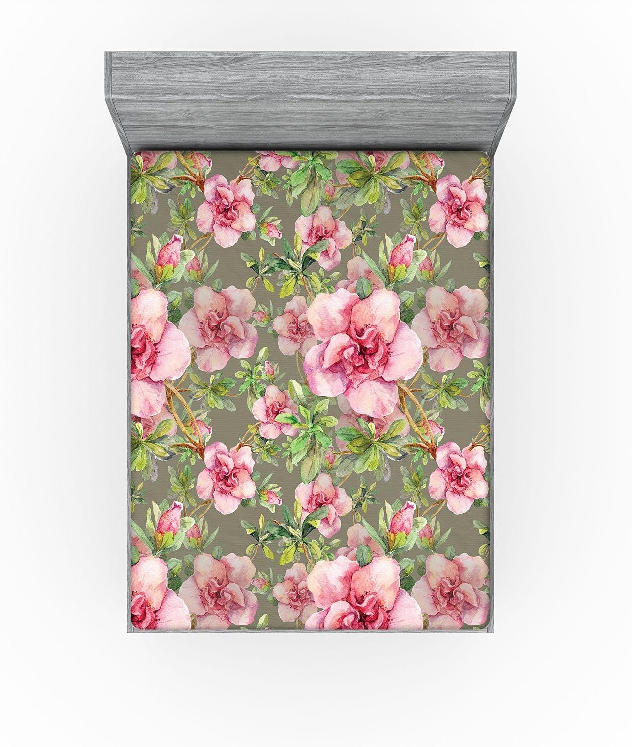 imageAmbesonne Floral Fitted Sheet Romantic Concept Art Featuring Rose Flowers Hearts Leaves Valentine Decorative Soft Fabric Bedding AllRound Elastic Pocket Queen Size Pastel Pink and Fern GreenDark Pink and Olive Green