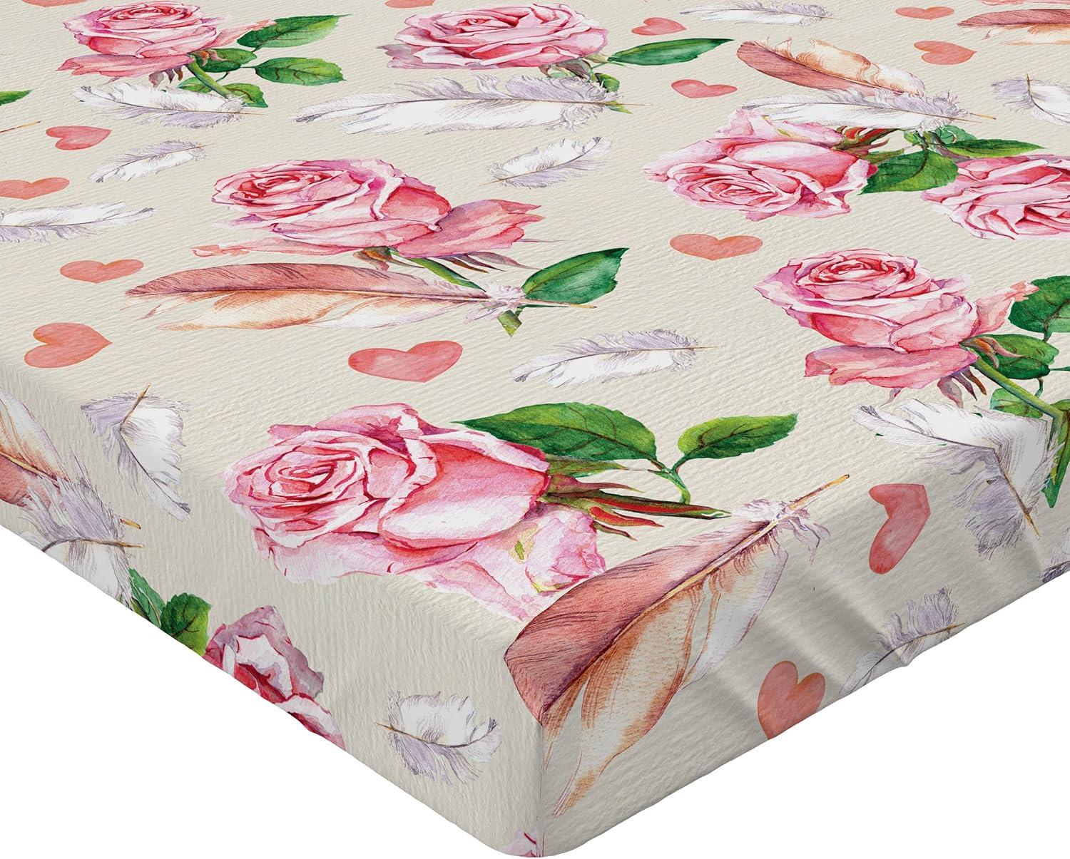imageAmbesonne Floral Fitted Sheet Romantic Concept Art Featuring Rose Flowers Hearts Leaves Valentine Decorative Soft Fabric Bedding AllRound Elastic Pocket Queen Size Pastel Pink and Fern GreenPastel Pink and Fern Green